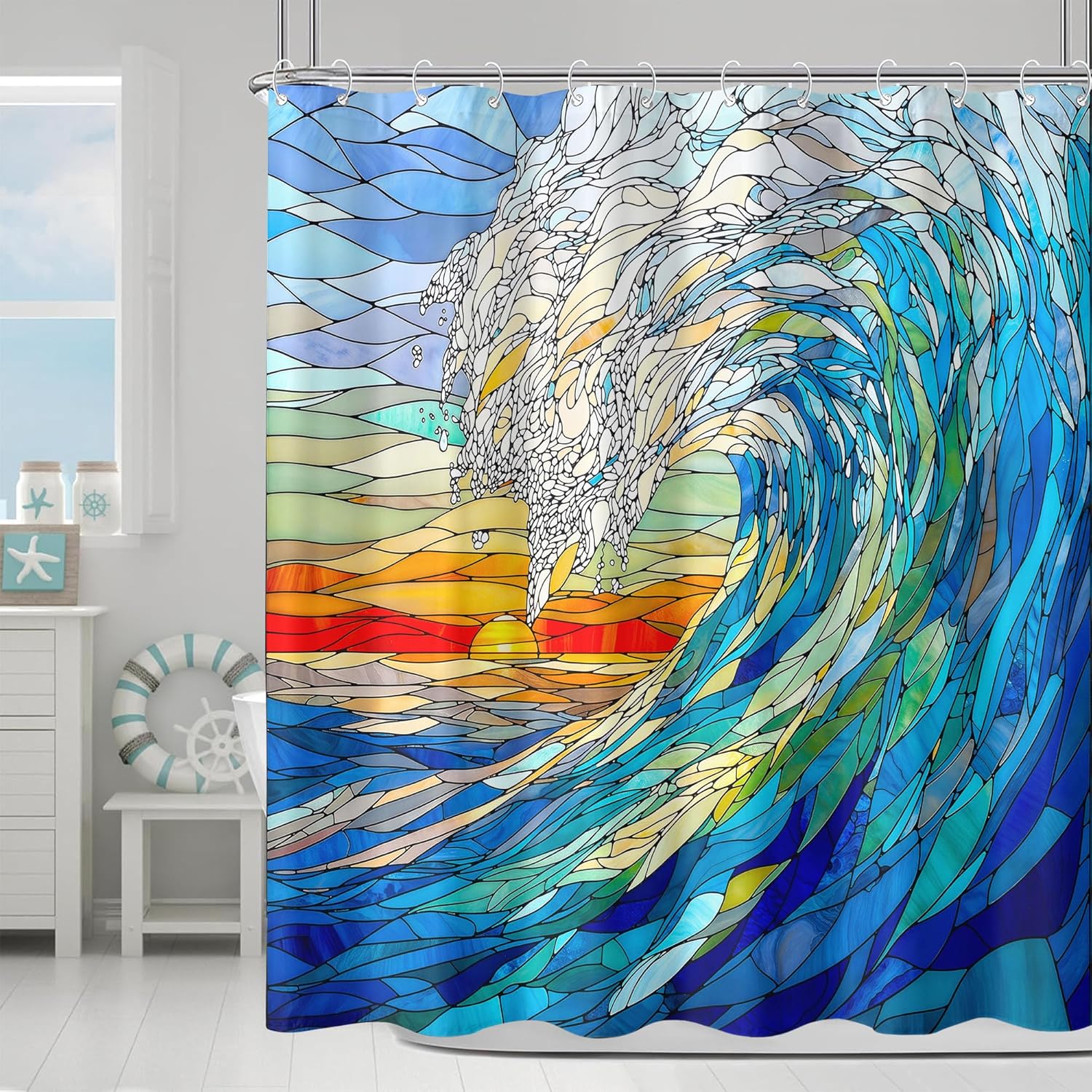 Green Plant Stained Glass Shower Curtain for Bathroom Waterproof Modern Flower Nature Themed Bathroom Decor Polyester Fabric 72 x 72 inch with Hooks(Green)