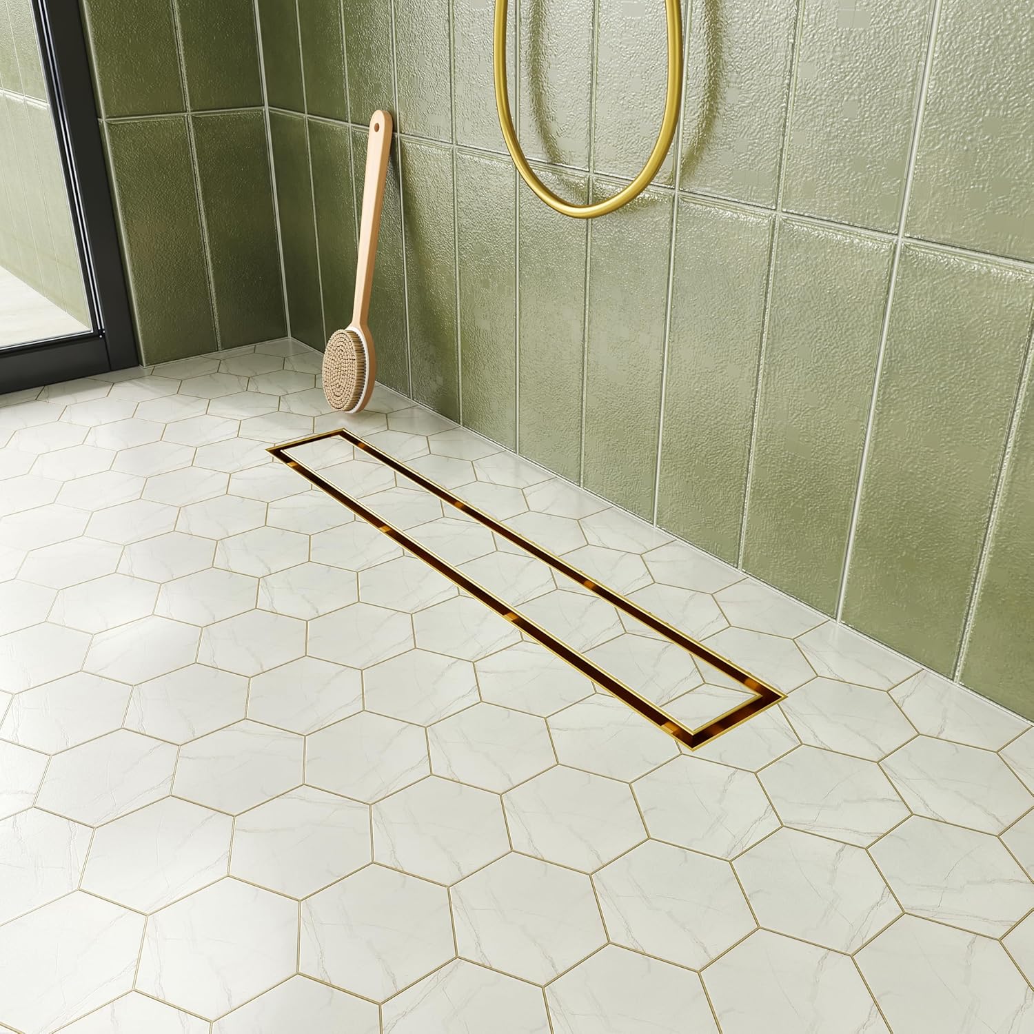 Neodrain 18-Inch Linear Shower Drain with Tile Insert Grate, Golden 304 Stainless Steel Rectangle Shower Floor Drain, Linear Drain with Leveling Feet, Hair Strainer Gold 18 IN