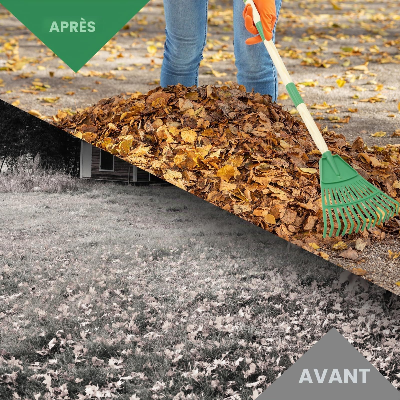 Lot de 2 râteaux à feuilles pour enfants avec 14 dents et manche en bois naturel de 67 cm - Balai à gazon amovible - Longueur totale : 86 cm (jaune et vert)