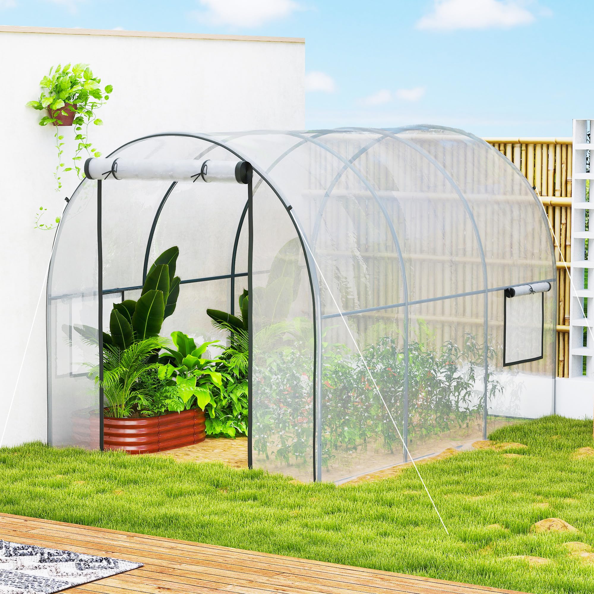 Outsunny Serre de Jardin Tunnel avec châssis Tubulaire renforcé Surface Sol 6 m² Porte zippée 2 fenêtres enroulables Serre à tomates 3L x 2l x 2H m - Transparent