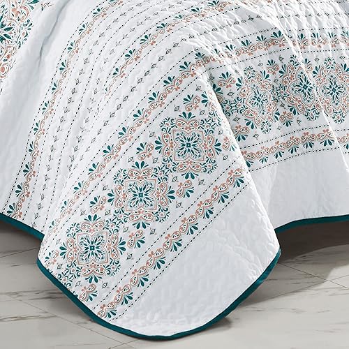 Miniatura 3 de ESCA Juego de colcha reversible de 3 piezas con medallón adornado blanco y verde azulado con 2 fundas de almohada, tamaño KingCal King,