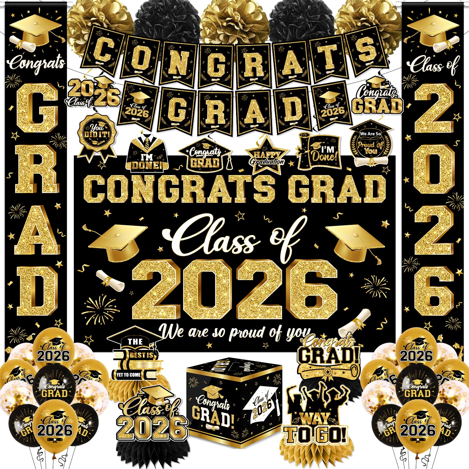 Photo 1 of 2026 Graduation Decorations - Black Gold Congrats Grad Party Supplies include Card Box, Backdrop, Banner and Balloons for Class of 2026 Decorations Set