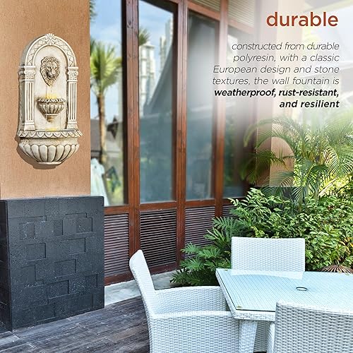 Miniatura 7 de Alpine Corporation TZL160 Fuente de pared con cabeza de león para interiores y exteriores, con luces LED, cascada montada en la pared, 32 pulgadas,