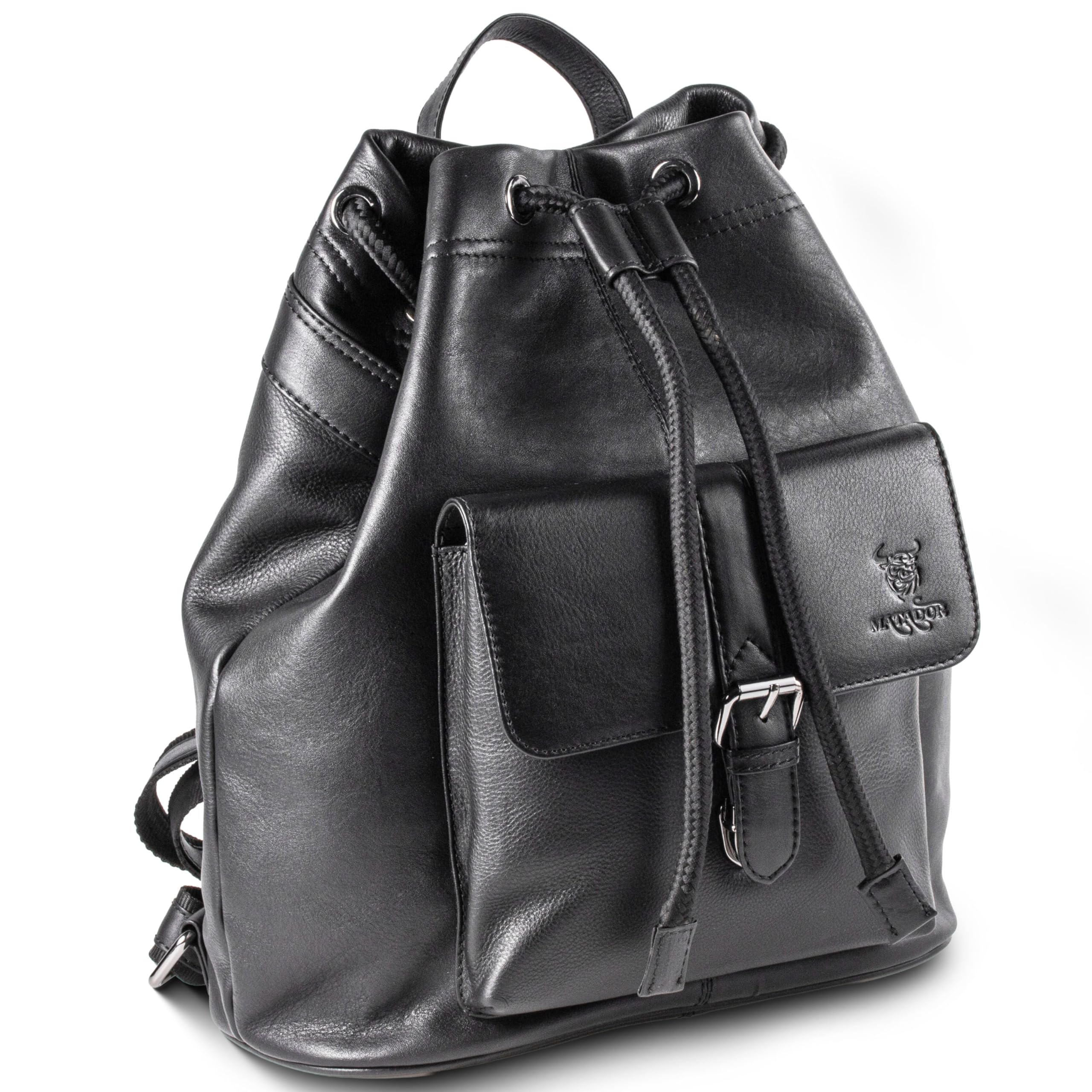 MATADOR Rucksack Tasche 2 in 1 Damen Leder #ROM, Stilvoller Rucksack Damen Schwarz für Alltag, eleganter Cityrucksack oder Lederrucksack, Robuste Rucksackhandtaschen mit Kordelzug, Schwarz Nappa