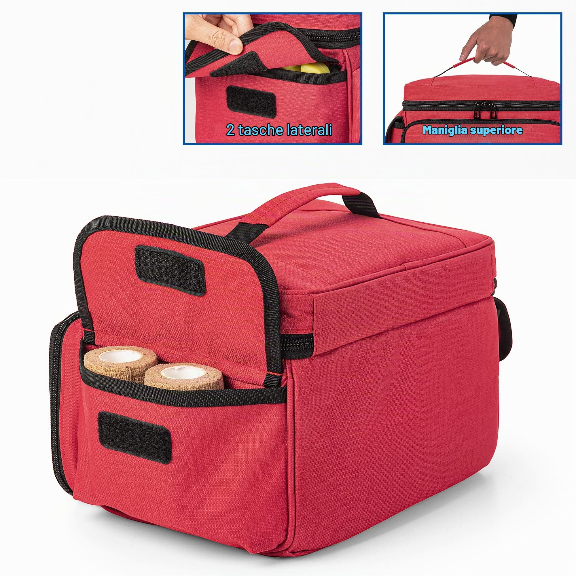 CURMIO Borsa Infermiere Domiciliare con Mini Borsa per Medicinali, Rosso | Divisori Rimovibili, Strisce Riflettenti, Maniglia, Pronto Soccorso per Visite Domiciliari/ Assistenza Sanitaria/Viaggio