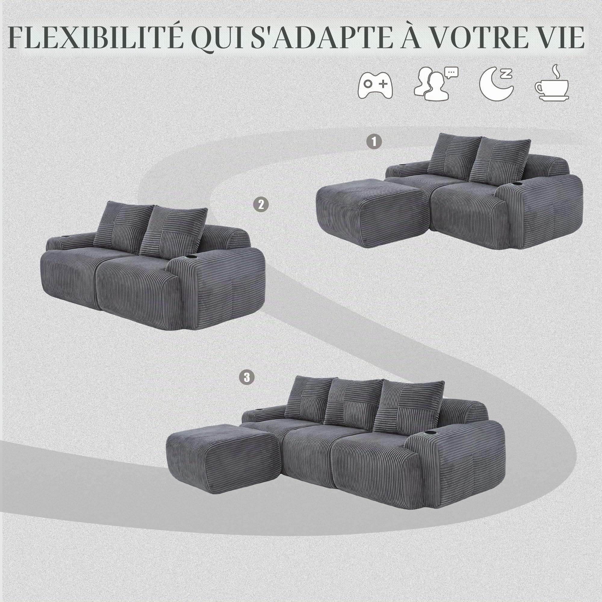 Yihomfy Canapé Modulaire en Velours Corde, Canapé d'angle en Forme de L, Configuration Libre, avec Porte-Gobelet et Poches Latérales, Canapé Cloud pour Salon