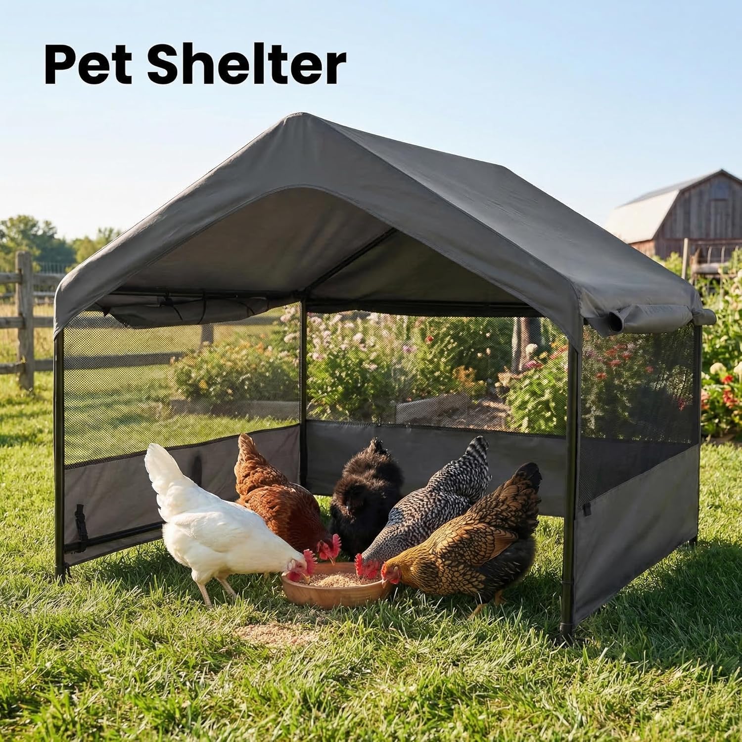 Dog Tent House Outdoor Shade 4'x4'x3' Shelter for Large Medium Pets,Outside Sun Rain Waterproof Canopy with Three-Sided Breathable Mesh Windows,Livestock House with Ground Nails,Dark Gray
