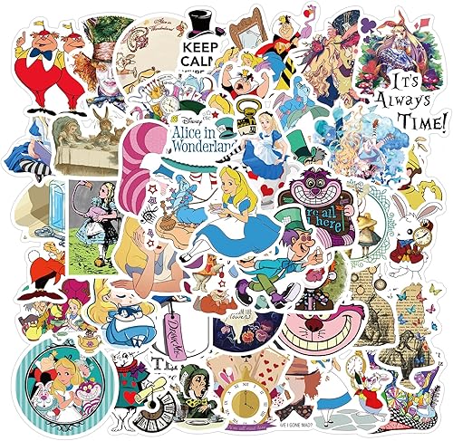 Paquete de 50 calcomanías de Alicia, vinilo de película estadounidense de dibujos animados, impermeable en el país de las maravillas, para botella