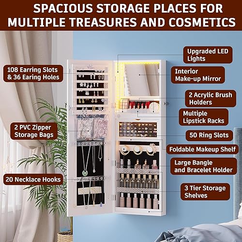 Miniatura 4 de Armario de joyería con espejo, espejo de longitud completa con almacenamiento, armario de joyería de montaje en puerta de pared con 3 luces de
