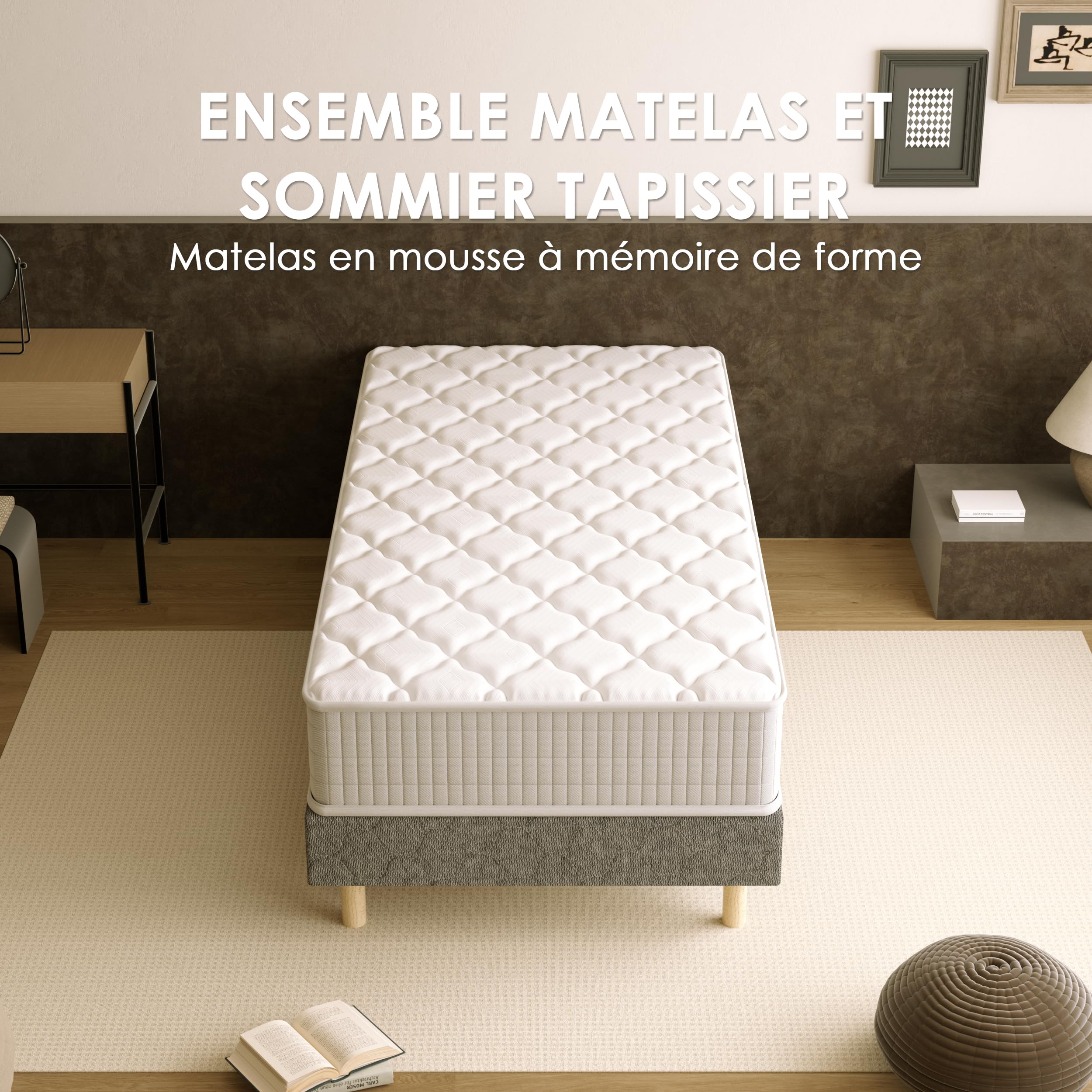 TEENO Ensemble Sommier et Matelas 90x190 cm, Lit Une Personne Complet avec Sommier Tapissier et Matelas Memoire de Forme, Confort, Respirant, sans Perturbation (90x190x25+Sommier Gris)