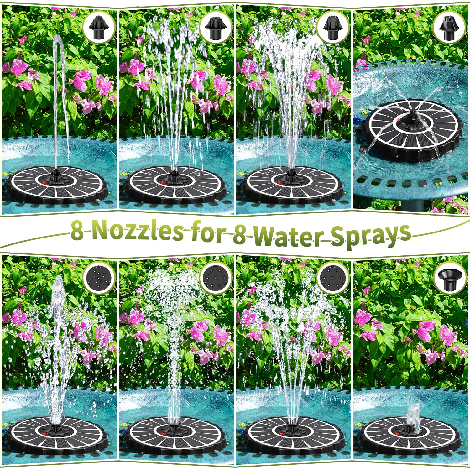 SZMP Fontana Solare con Indicatore di Batteria & 2000mAh, 3.5W Vetro Pompa ad Acqua Solare 2026 Migliorato, Fontana da Giardino Esterno con 8 Ugelli per Bagno per Uccelli, Laghetto, Giardino