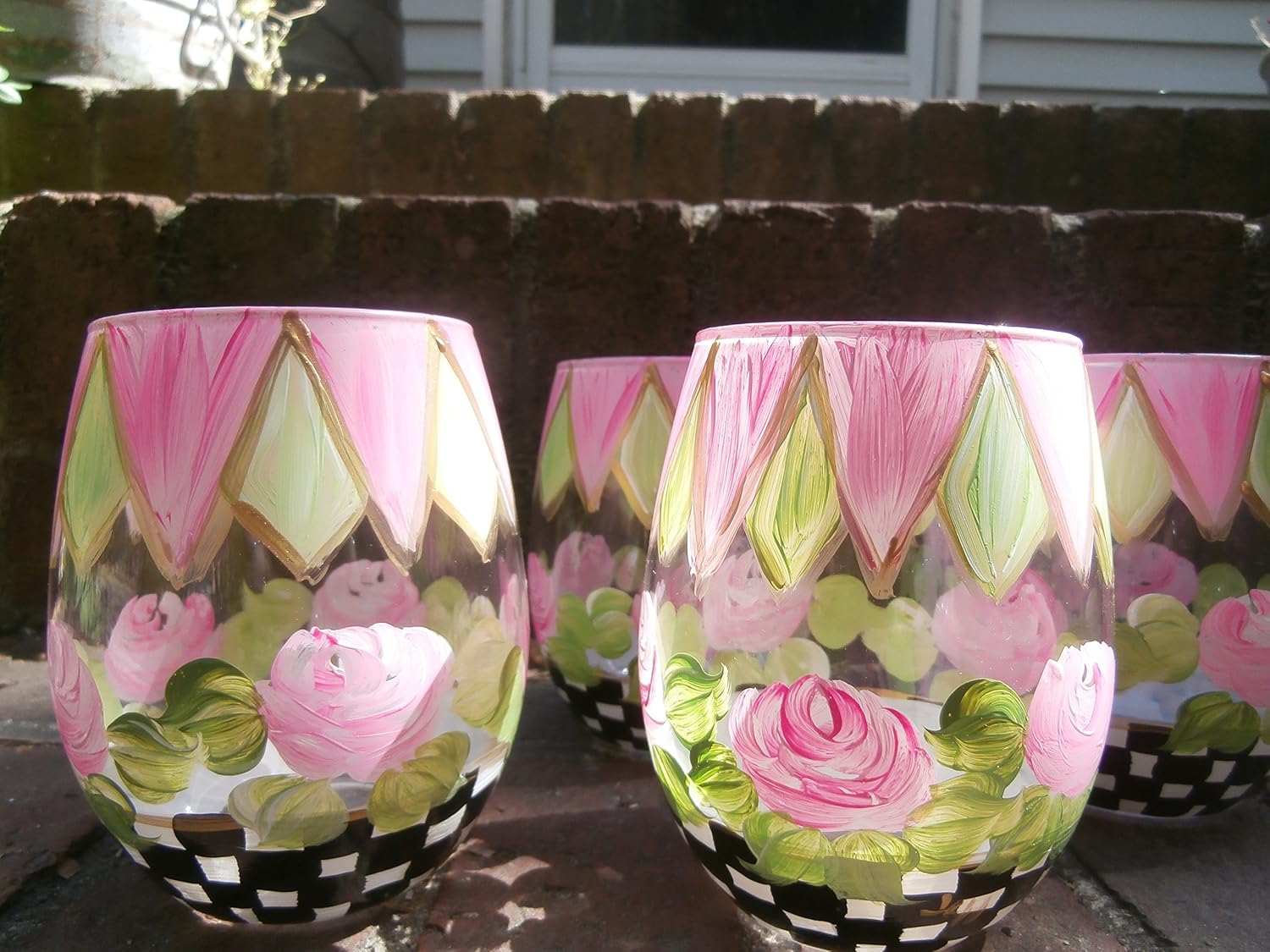 Hand painted pink rose/checks stemless wine goblets. set/4