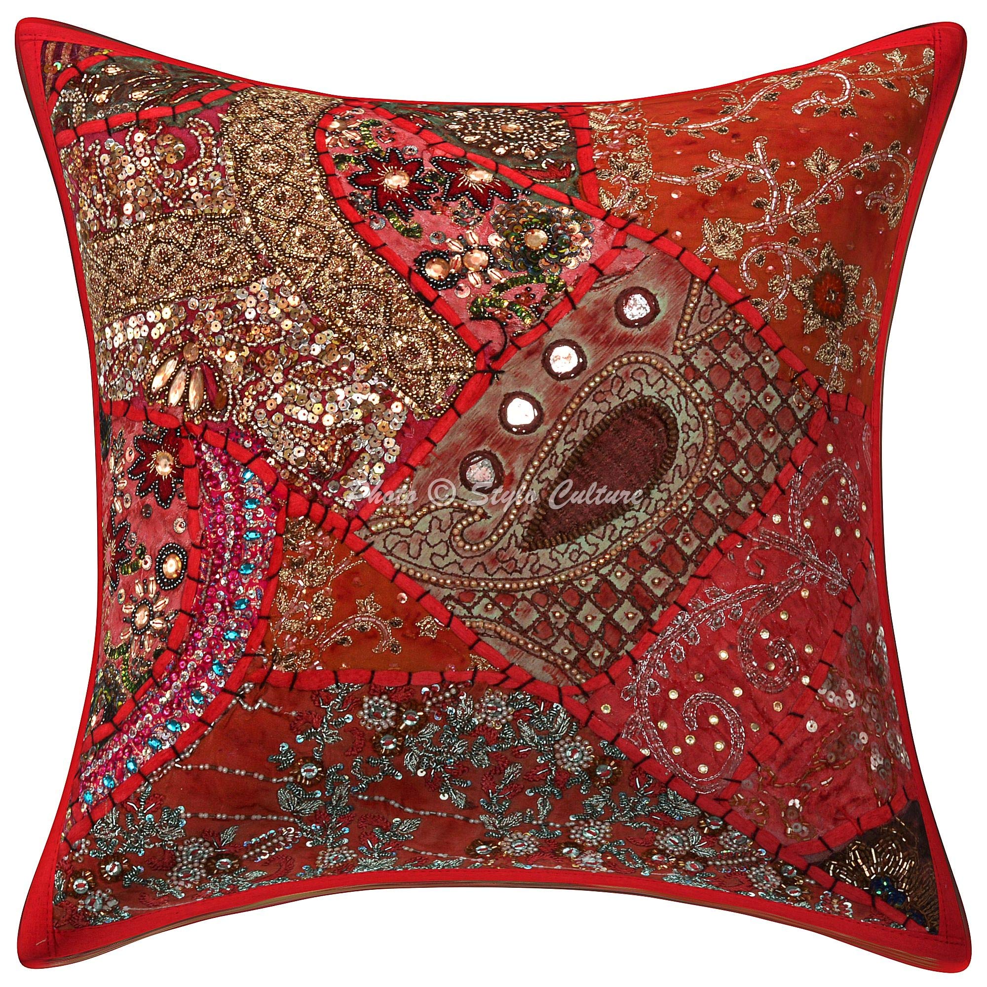 Indische Dekorativ Baumwolle Sofa Kissenbezüge 40x40 cm Rot Dekokissen Perlenbestickt Patchwork Wohnzimmer Couch Kissenhullen Halsdesign Quadrat Umschlagverschluss Kissen Bezüge - 4 Stk.