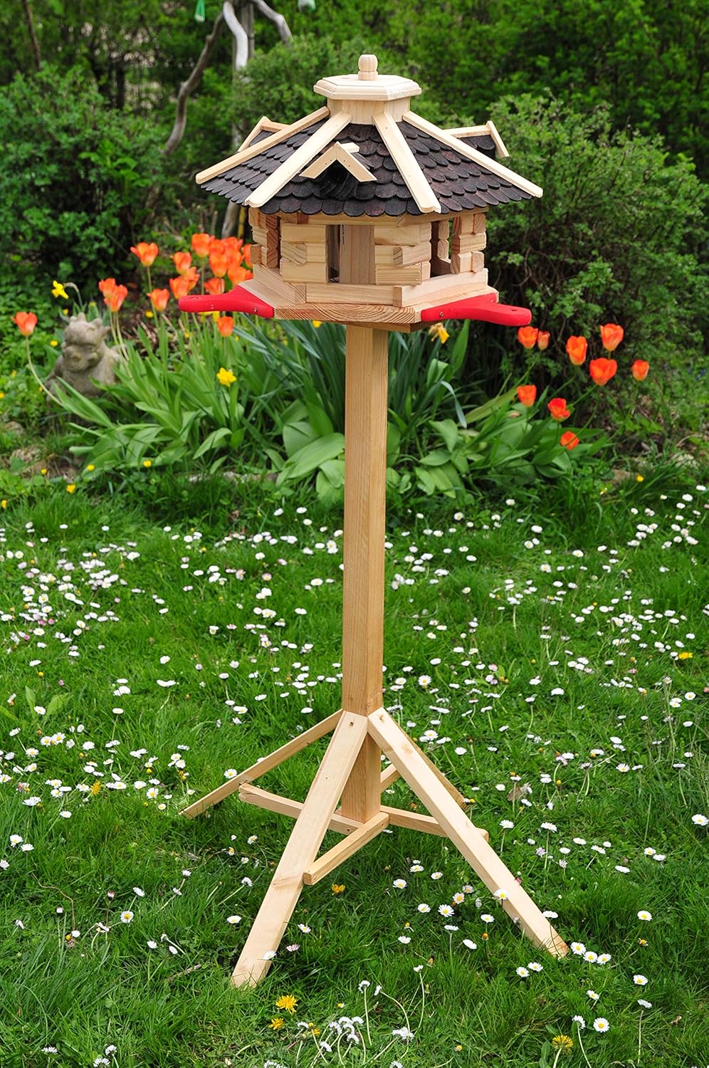 Vogelhaus mit Landebahn/Anflugbrett, Massivholz,wetterfest, mit Ständer