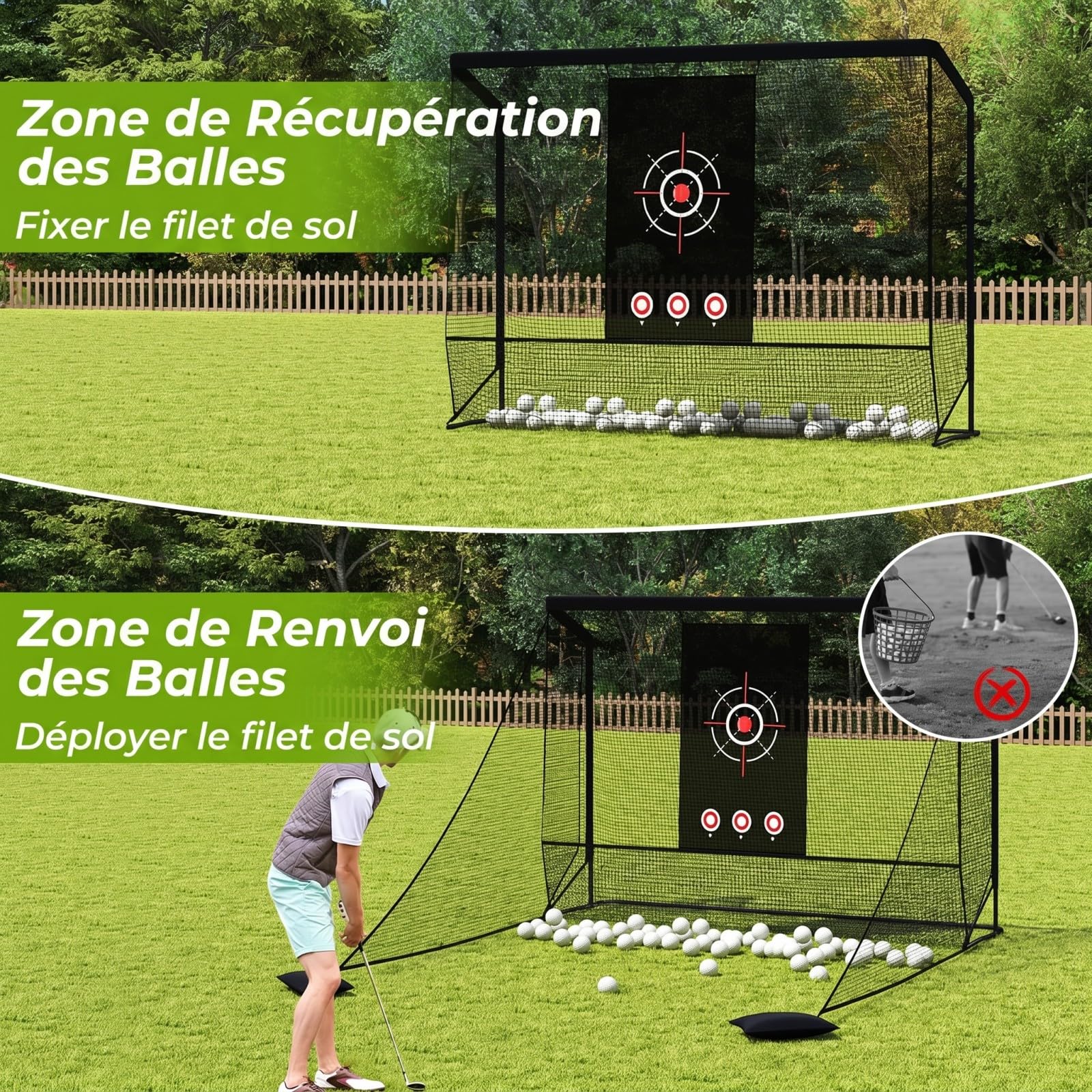 COSTWAY Filet d'Entraînement de Golf avec Cible, Filet de Frappe Golf Portable avec Barrières Latérales Amovibles, Sacs de Sable, Sac de Transport pour Intérieur et Extérieur
