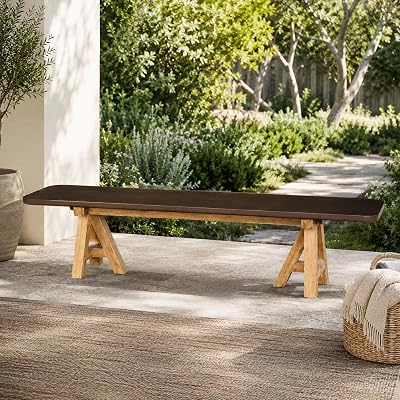 Modern Rustic Indoor/Outdoor Brown 78.7" Concrete Fiber Bench with Acacia Wood Base