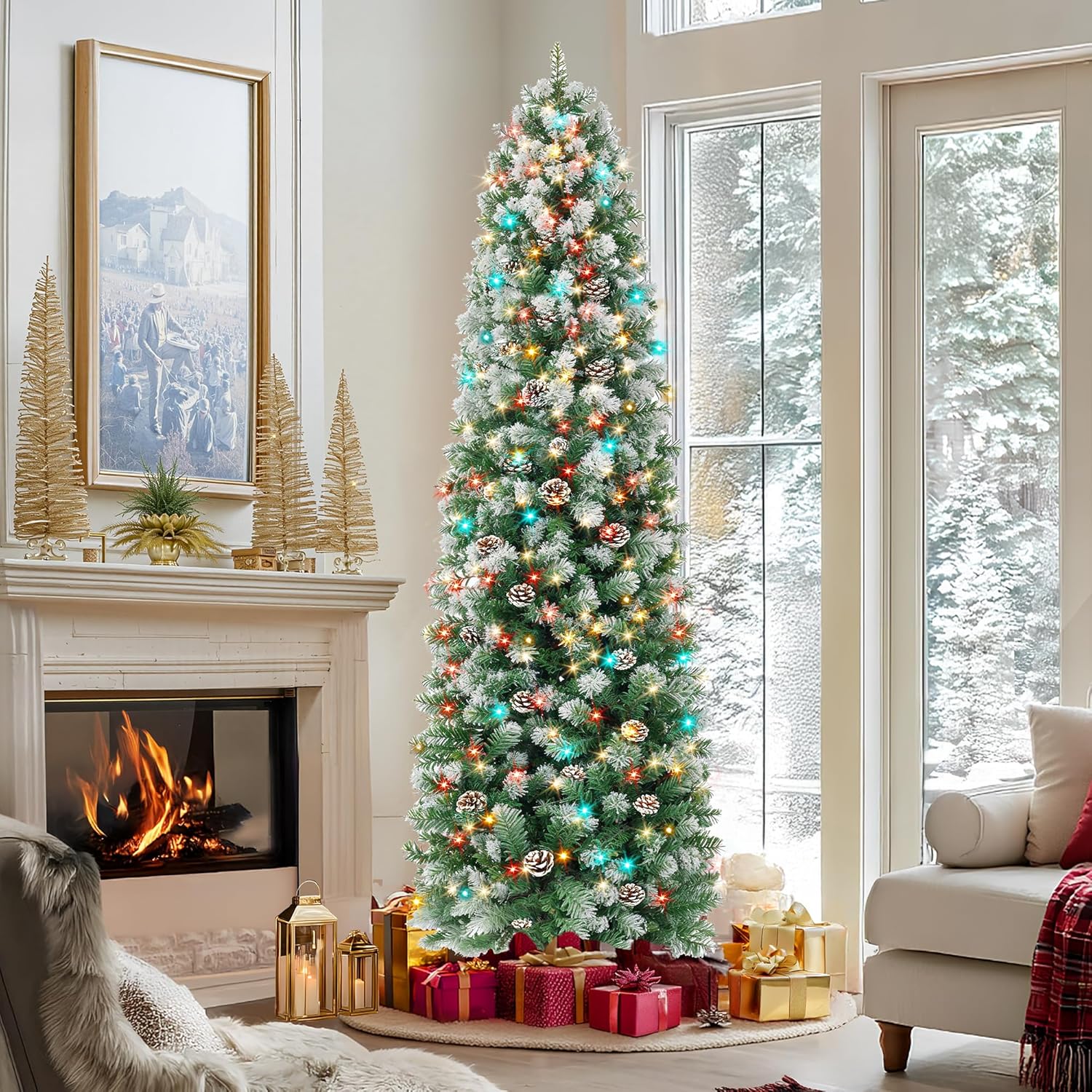 HOLLO STAR 7.5 ft Prelit Christmas Tree with 304 LED Lights, App Control, Slim Pencil Christmas Tree, Multi-Color RGBW Lights, 950 Flocked Frosted Tips, Xmas Tree, 72 Pine Cones, for Home, Party