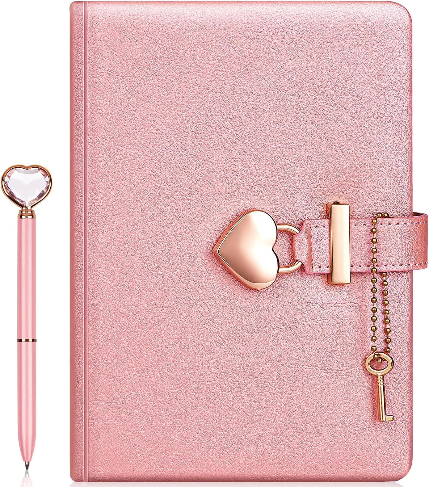 Heart Shaped Lock Diary with Key + Heart Diamond Pen Set for Girls PU Leather Cover Journal Personal Planner Organizers Secret Notebook for Women (Pearl Pink, B6(18 * 13.5CM))