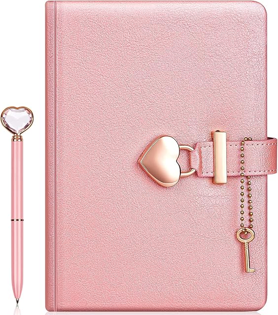 Heart Shaped Lock Diary with Key + Heart Diamond Pen Set for Girls PU Leather Cover Journal Personal Planner Organizers Secret Notebook for Women (Pearl Pink, B6(18*13.5CM))
