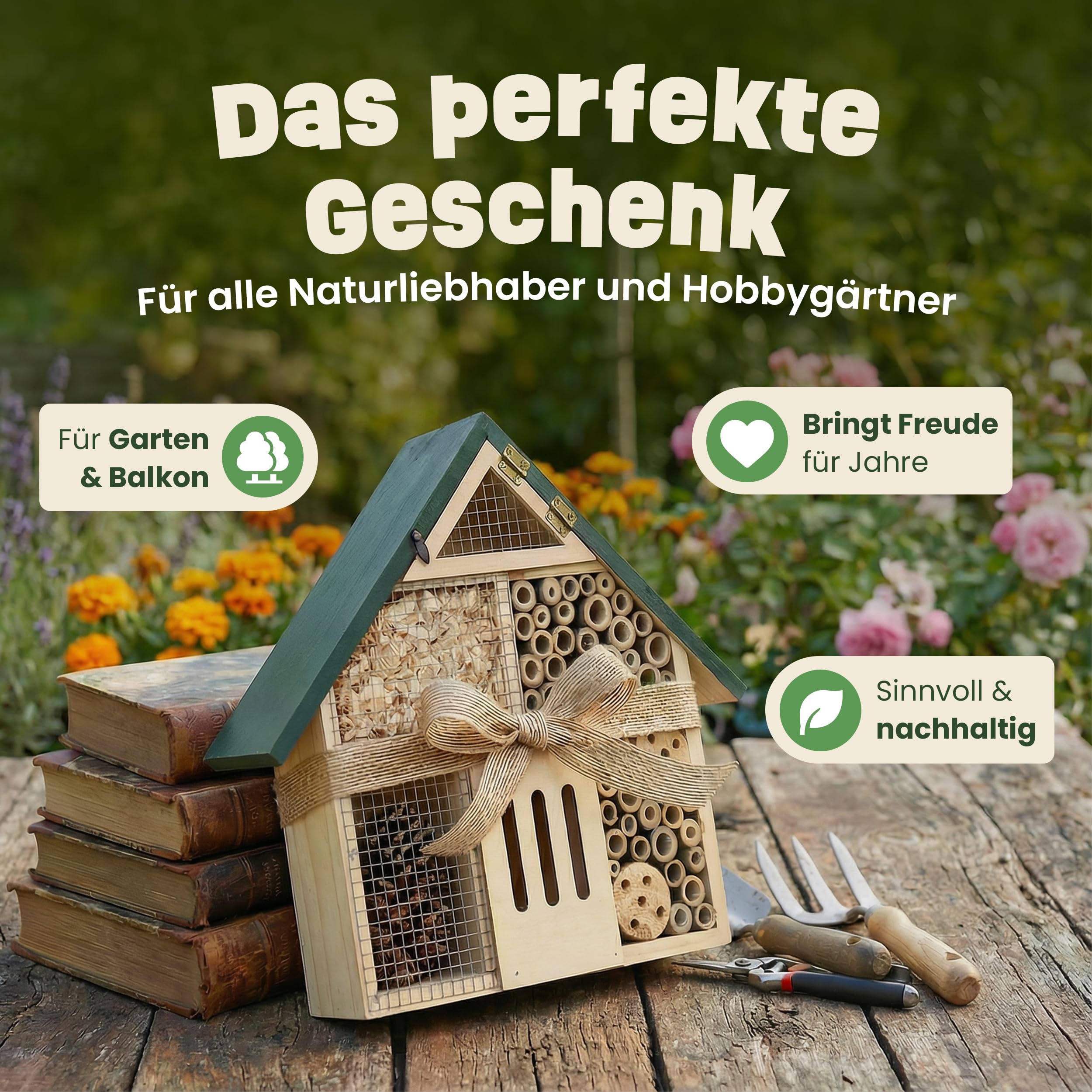 zooprinz Insektenhotel kompakt aus Holz 28,5 cm grünes Dach | Wetterfestes Insektenhaus und Bienenhotel, Nisthilfe mit Bambus-Röhrchen für Wildbienen, Garten und Balkon
