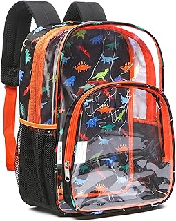 BLUEFAIRY Boys Clear Backpack Heavy Duty Stadium Approved Dinosaur Transparent Backpack Plastic See Through Bag for Kids for School Travel Gifts (Large Orange)