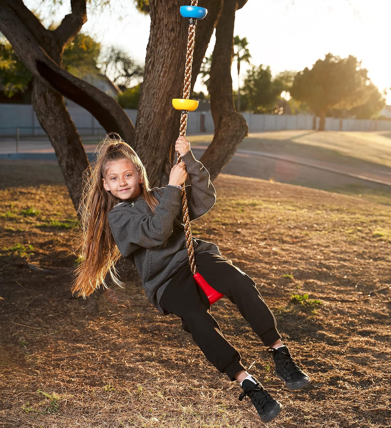 TURFEE Tree Swing for Kids, Single Disk 6 Ft Outdoor Climbing Rope, Carabiner & 4 Ft Tree Strap, Playground Accessories - Multi-Colored Disc Swing Seat-Red