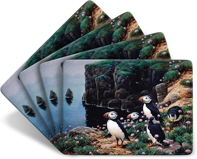 Julian Friers Puffins Cliff Edge Large Table Mats by Wildlife Artist Set of 4 - Non-slip - Cork-backed Placemat Set