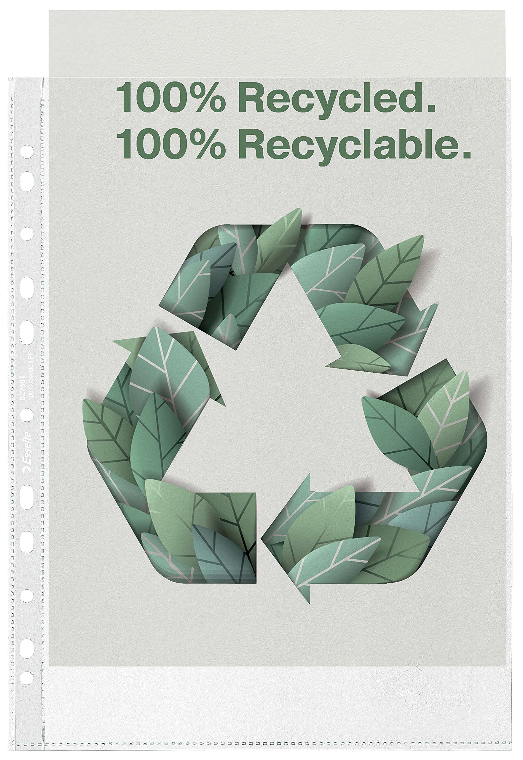Esselte Recycle A4 Pockets, Embossed Strong PP, 100 Micron, Plastic Punched Poly Pockets, Pack of 50, 627501