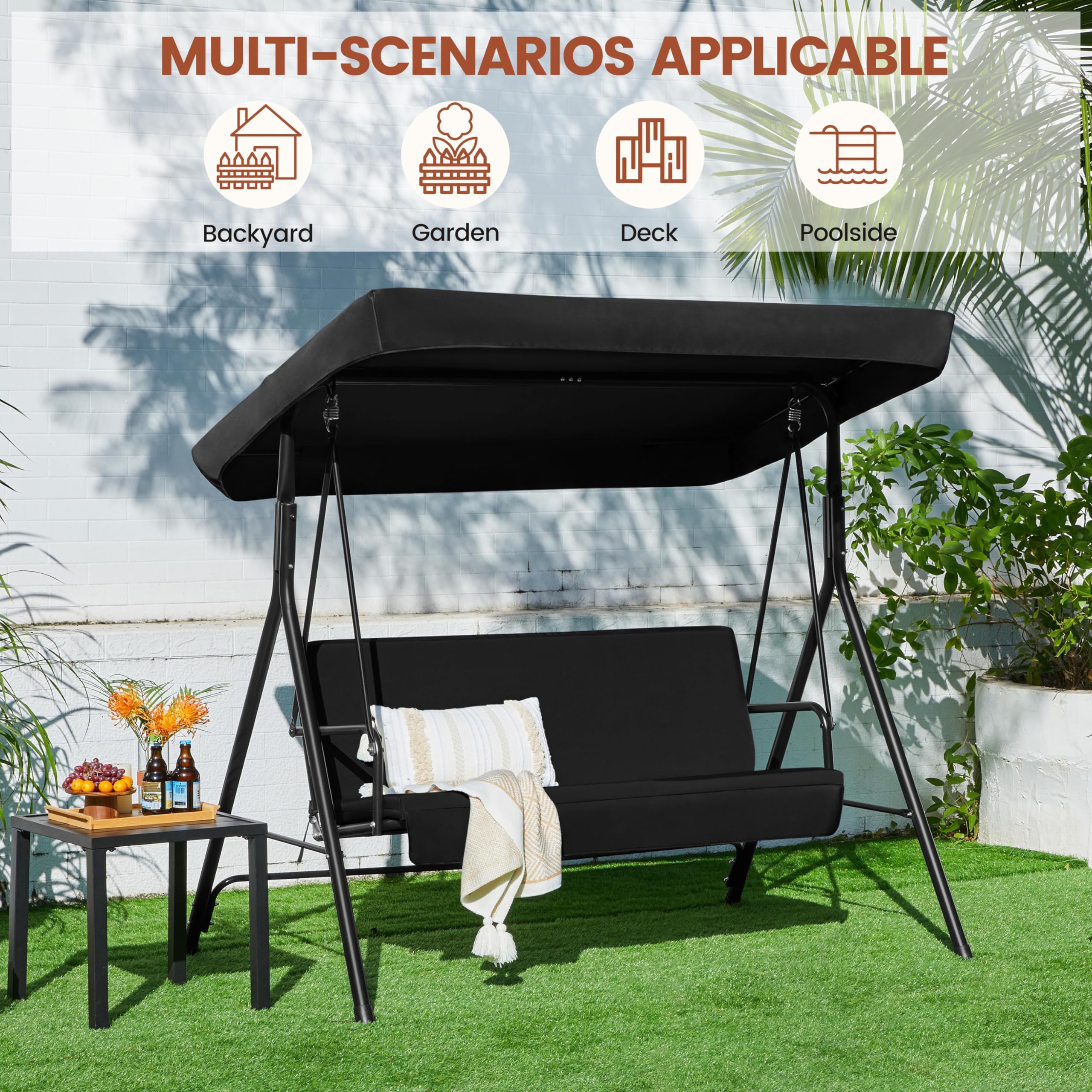 Yaheetech Dondolo da Giardino 3 Posti con Tettuccio Regolabile e Cuscini Imbottiti Rimovibili in Metallo e Tessuto 170 × 112,5 × 162,5 cm Impermeabile Antiscivolo Esterno Balcone Terrazzo Cortile Nero