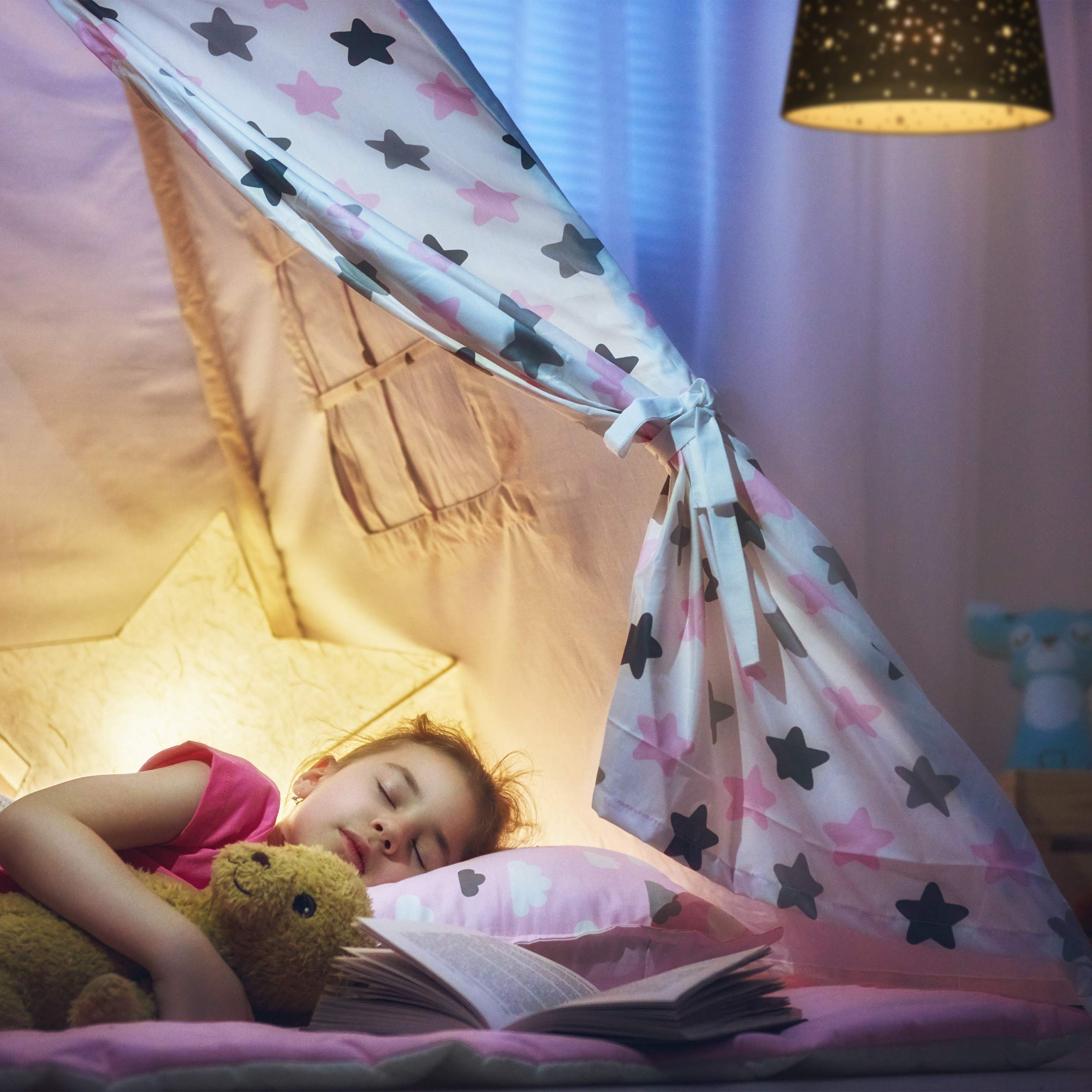 Relaxdays Lámpara de techo infantil, Estrellas, Iluminación colgante para niños, Pantalla redonda, Rosa