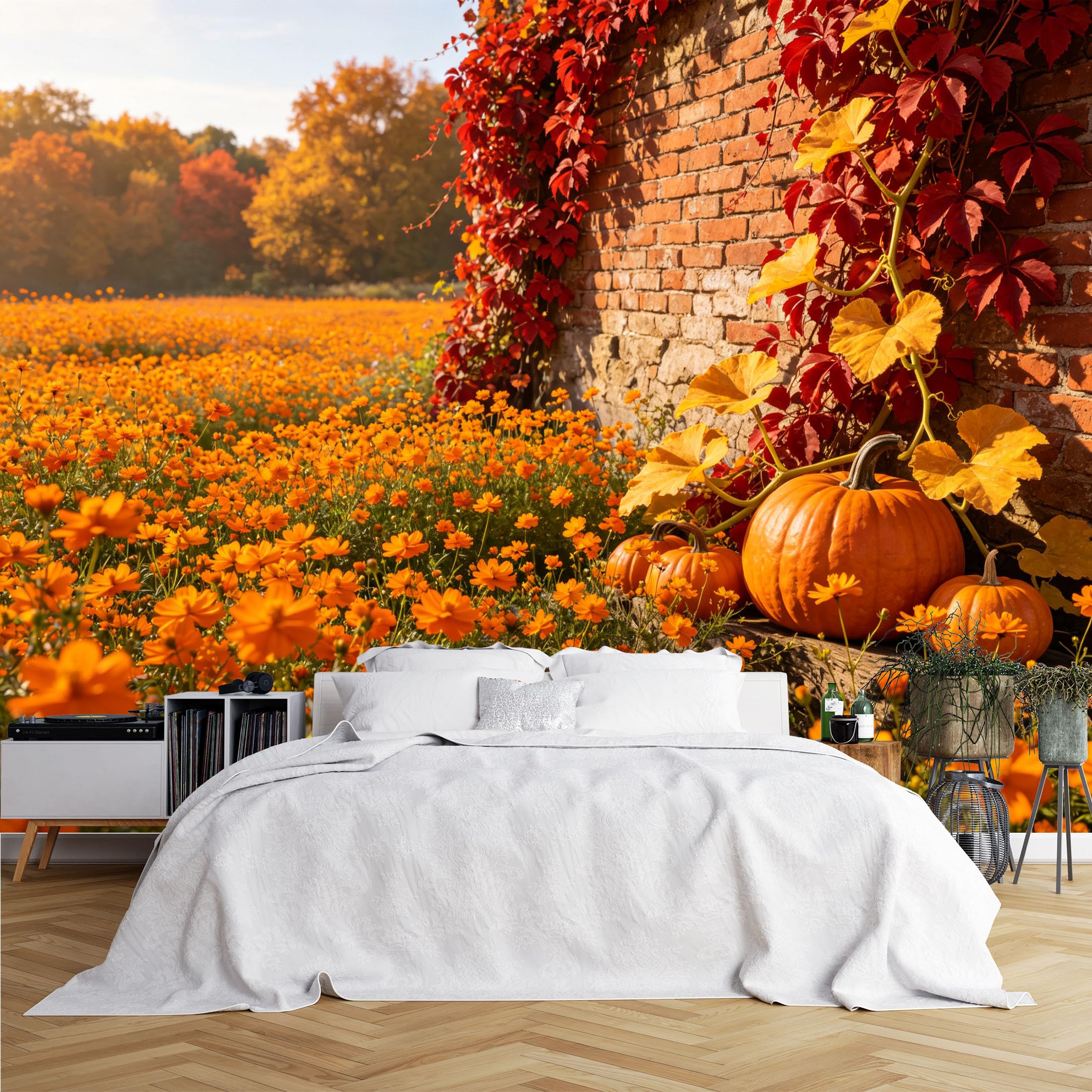 Lcythiazole Ch260615029 Custom Size Wall Murals Autumn Pumpkin Flower Brick Wall Wall Murals Large Photo Wallpaper Self-Adhesive Removable Wallpaper For Entryway Kitchen Home Decor