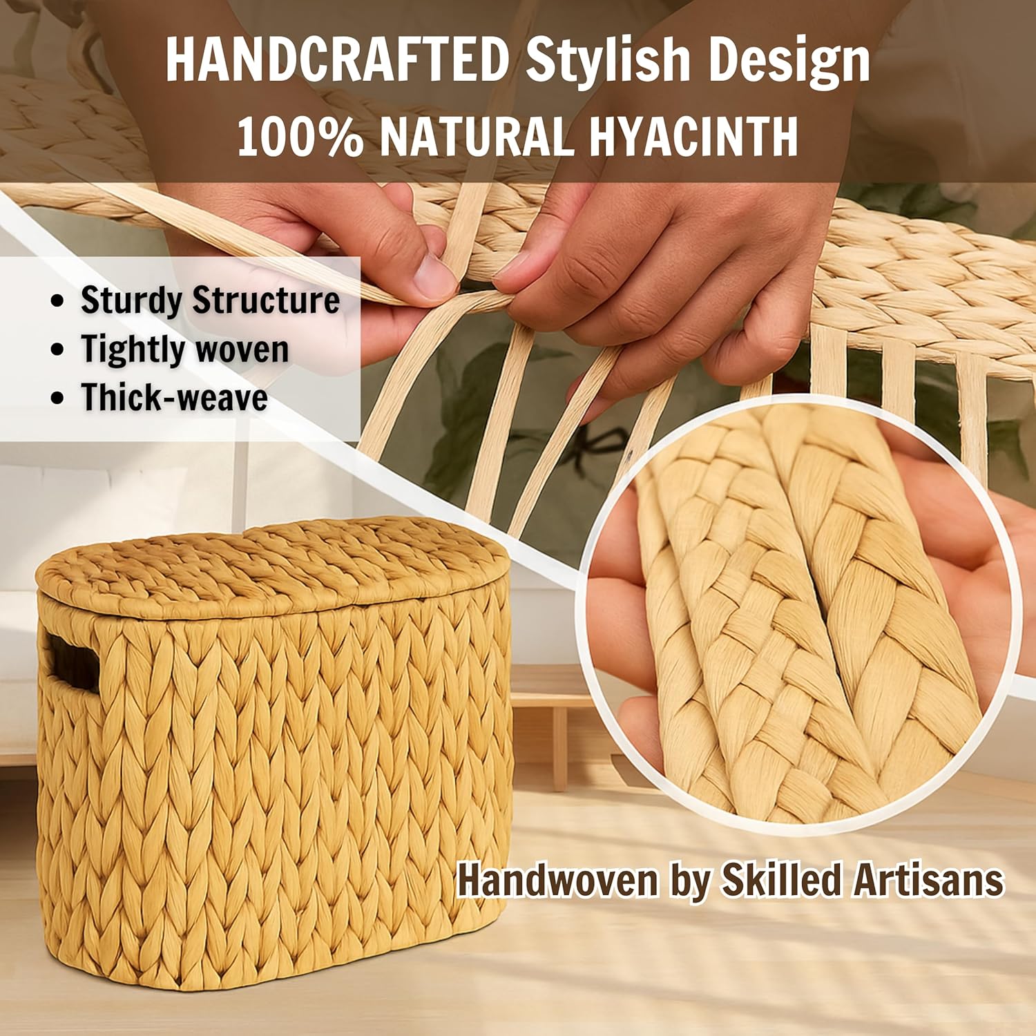 Wicker Toilet Paper Holder, Toilet Paper Basket with Lid, Wicker Baskets for Storage Holder with Built-in Handles, Water Hyacinth Bathroom Toilet Paper Storage for Back of Toilet Tank Top