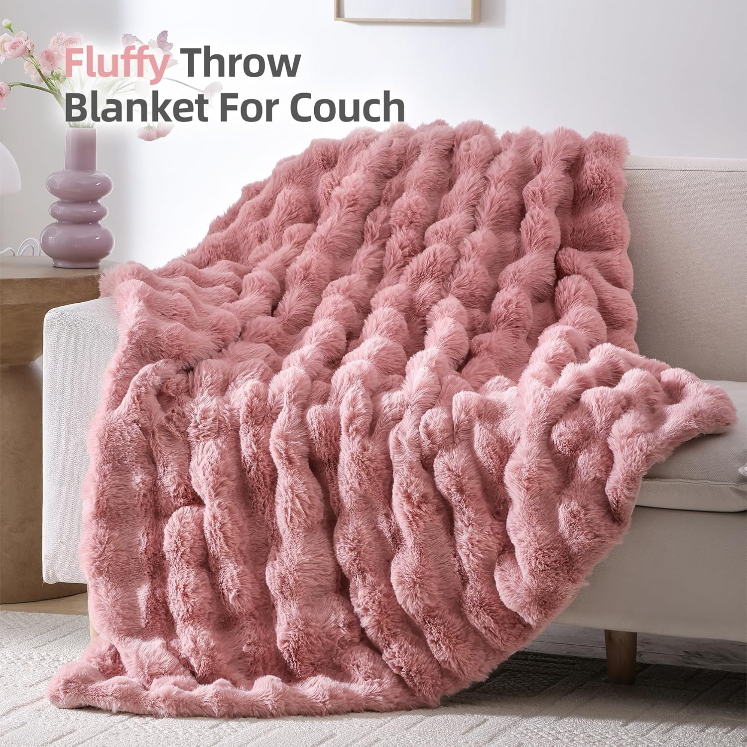 Smoofy Faux Fur Throw Blanket for Couch – Old Pink Fluffy Cozy Rabbit Fleece, Plush Soft Bubble Blanket for Sofa & Bed, for Mom, Warm Fuzzy Home Room Decor Throw 50" x 60" - Image 3