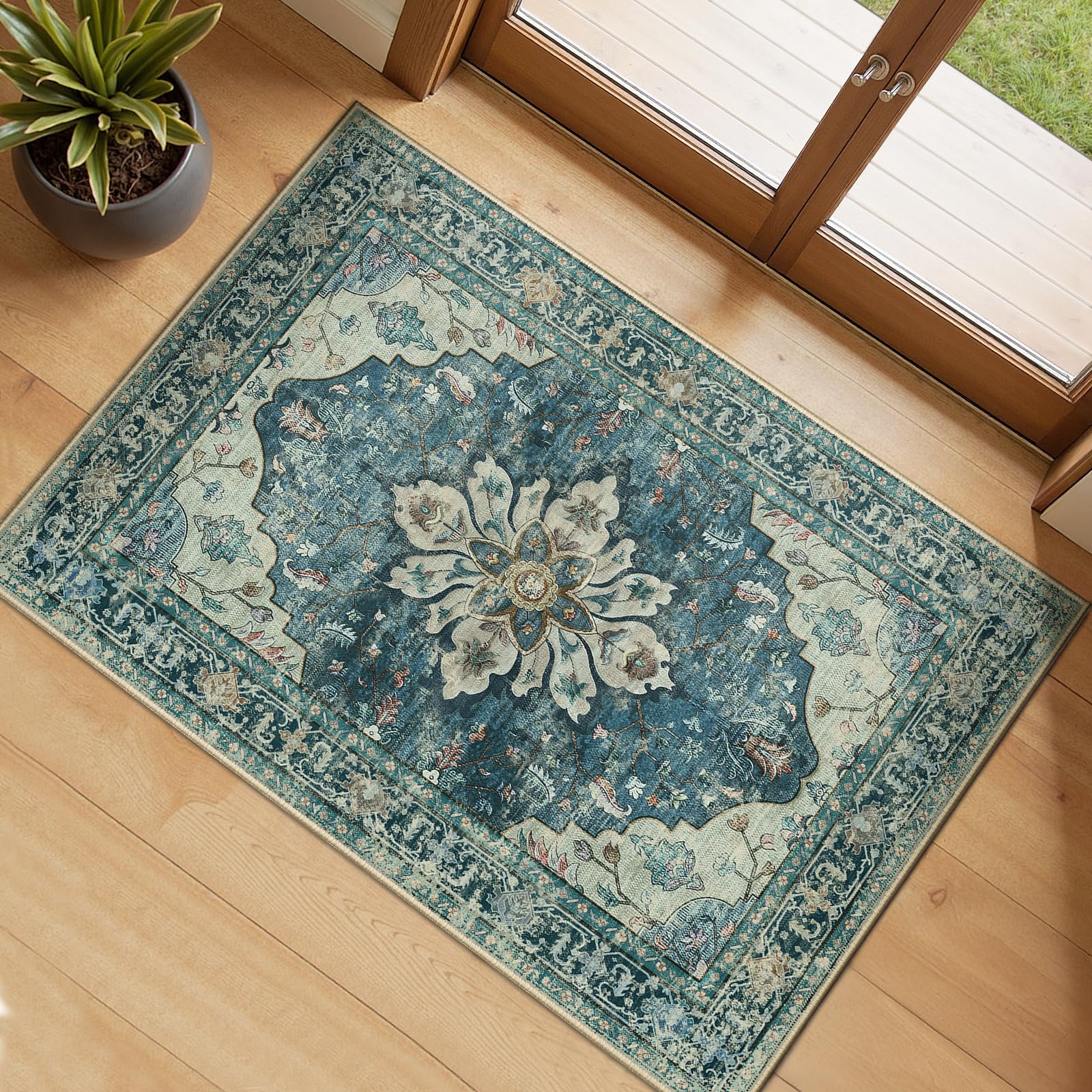 Photo 1 of RELEANY Area Rugs 2'x3' Kitchen Rugs Entry Rug Small Rugs for Entryway Kitchen Bathroom Door Mat Indoor Entrance,Washable Non Slip, Dark Blue Vintage
