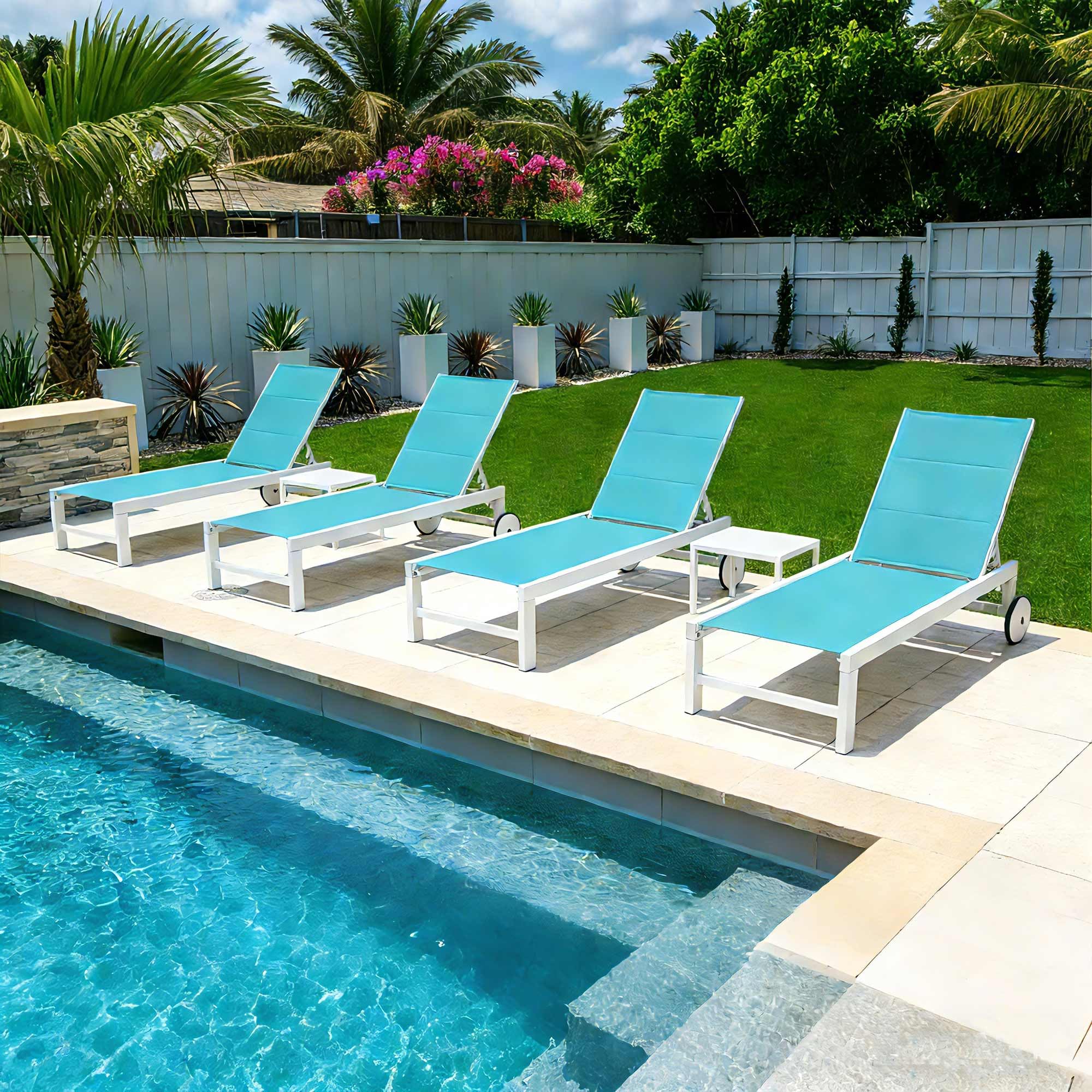PURPLE LEAF Chaise Lounge Set of 4 with Wheels, White Frame, Turquoise Blue