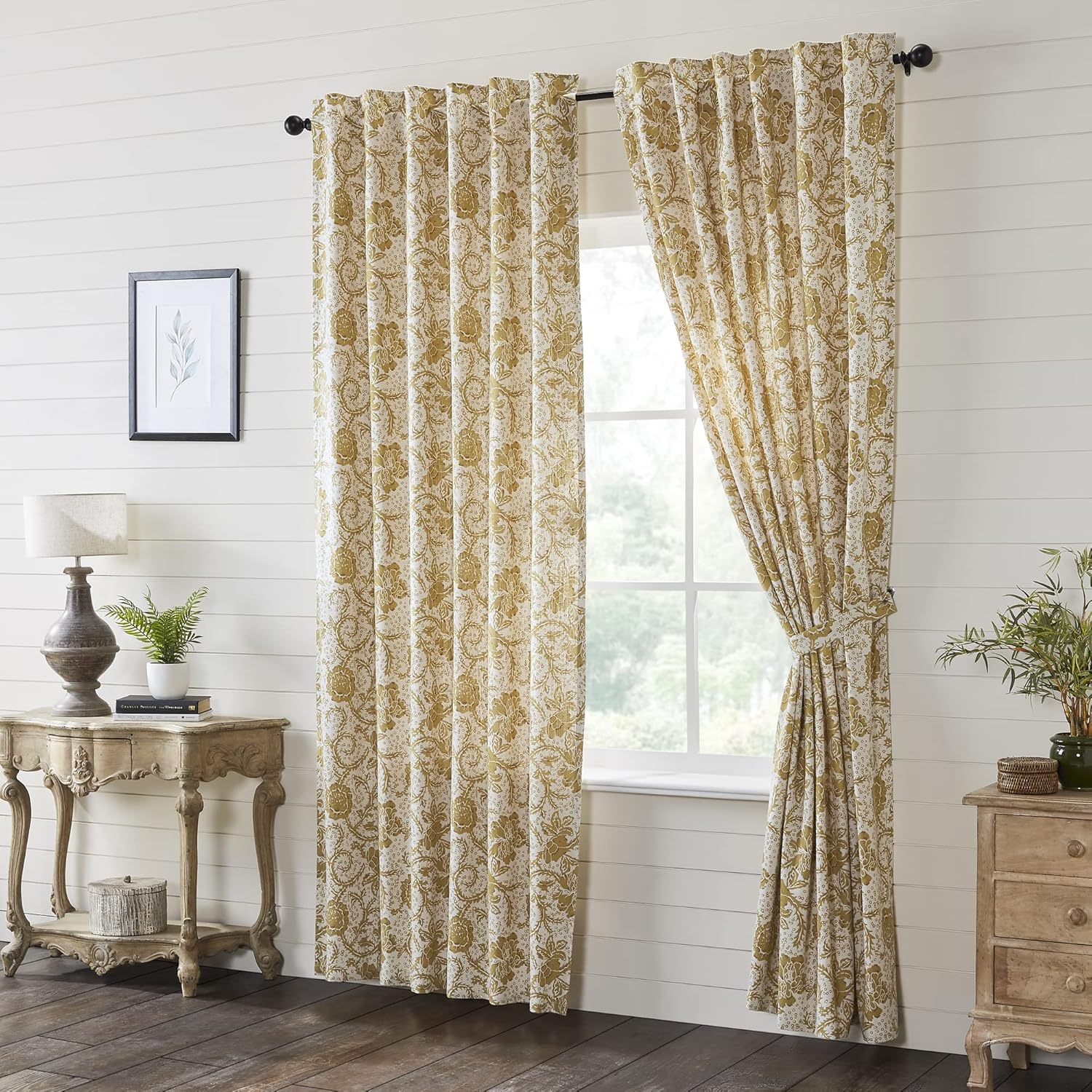 VHC Brands Dorset, Farmhouse Cafe Tier Curtain, Floral, Gold, 24x36, Set of 2