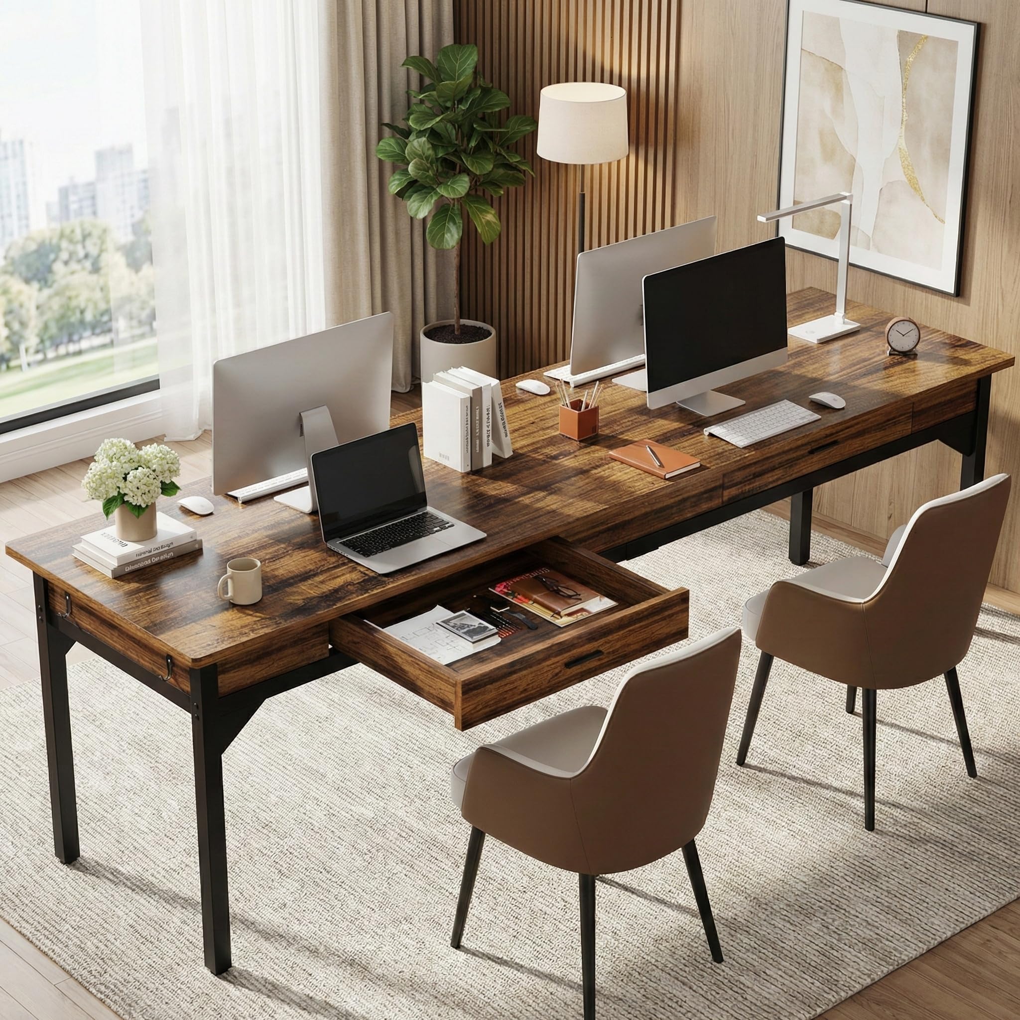 Lailang 200cm Escritorio de Computadora, Mesa Escritorio Grande, Mesa de Oficina despacho, Escritorio con Cajones, Mesa con cajones Madera, Escritorio 2 Metros, 200 x 60 x 82 cm, Marrón Rústico