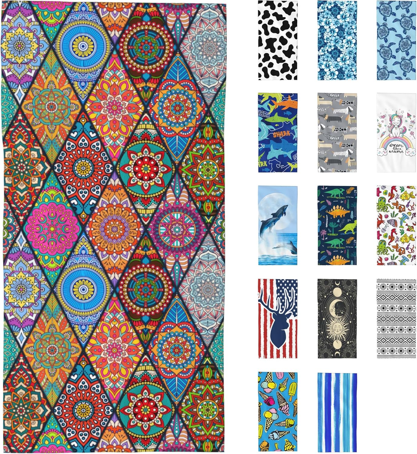 Beach Towel, Colorful Tribal Bohemian Mandala Beach Towel Oversized Sand Proof Absorbent, Quick-Dry Bath Pool Swim Towel for Shower Spa Vacation, 29.5” X 59”