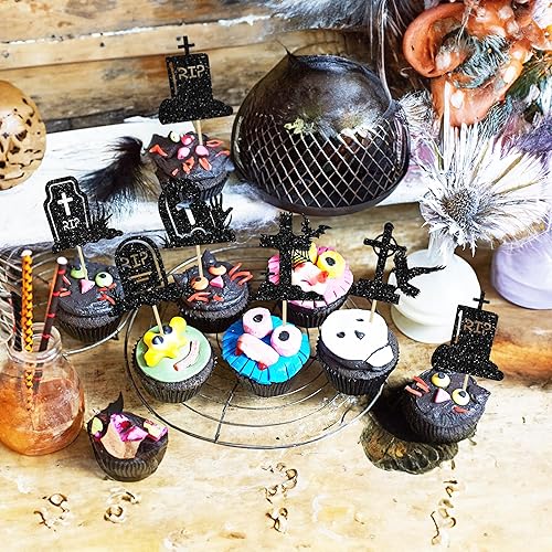 Miniatura 129 de Gyufise 24 piezas de decoración de magdalenas fantasmas – Purpurina blanca espeluznante Halloween Baby Shower Cupcake Picks para decoración