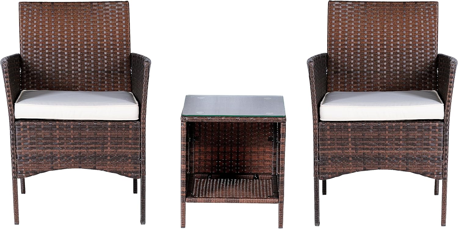 BTEXPERT Outdoor Wicker Conversation 3 Piece Bistro Set Garden Patio Yard Porch Furniture Space Saving Pe Rattan Two Chairs Cushions Side Storage Glass Table Brown/Beige 3pc Set