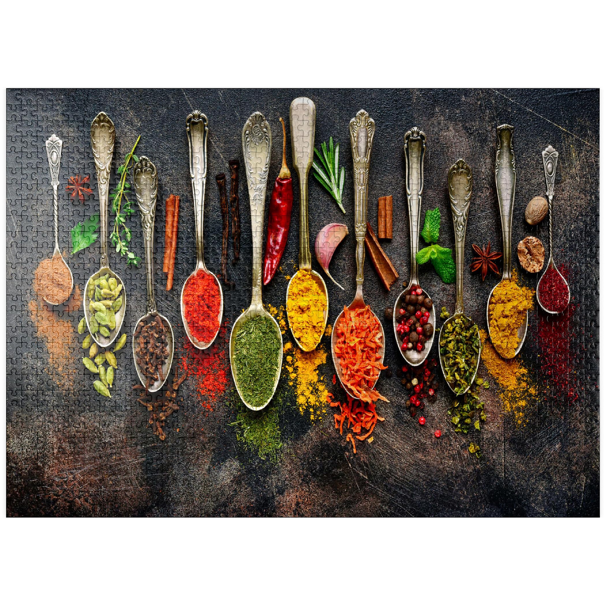 Assortment of Natural Spices On Vintage Spoons On Dark Slate - Premium 1000 Piece Jigsaw Puzzle for Adults