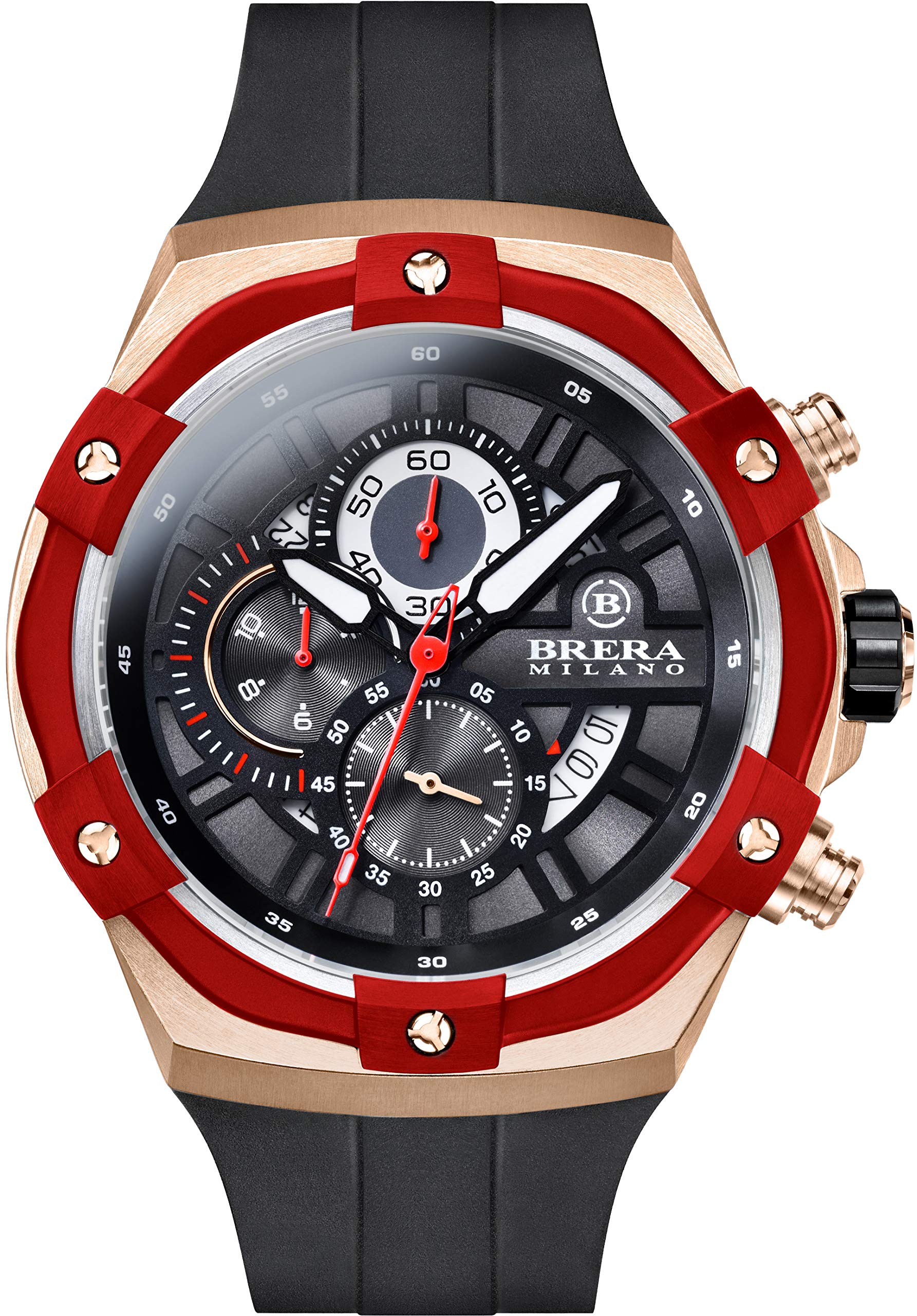 Brera MilanoMen's Watch Supersport Evo 45Mm Chronograph Quartz, Rose Gold Steel Case, Black Dial - Red Bezel, Black Natural Rubber Strap, Rose Gold Deployant