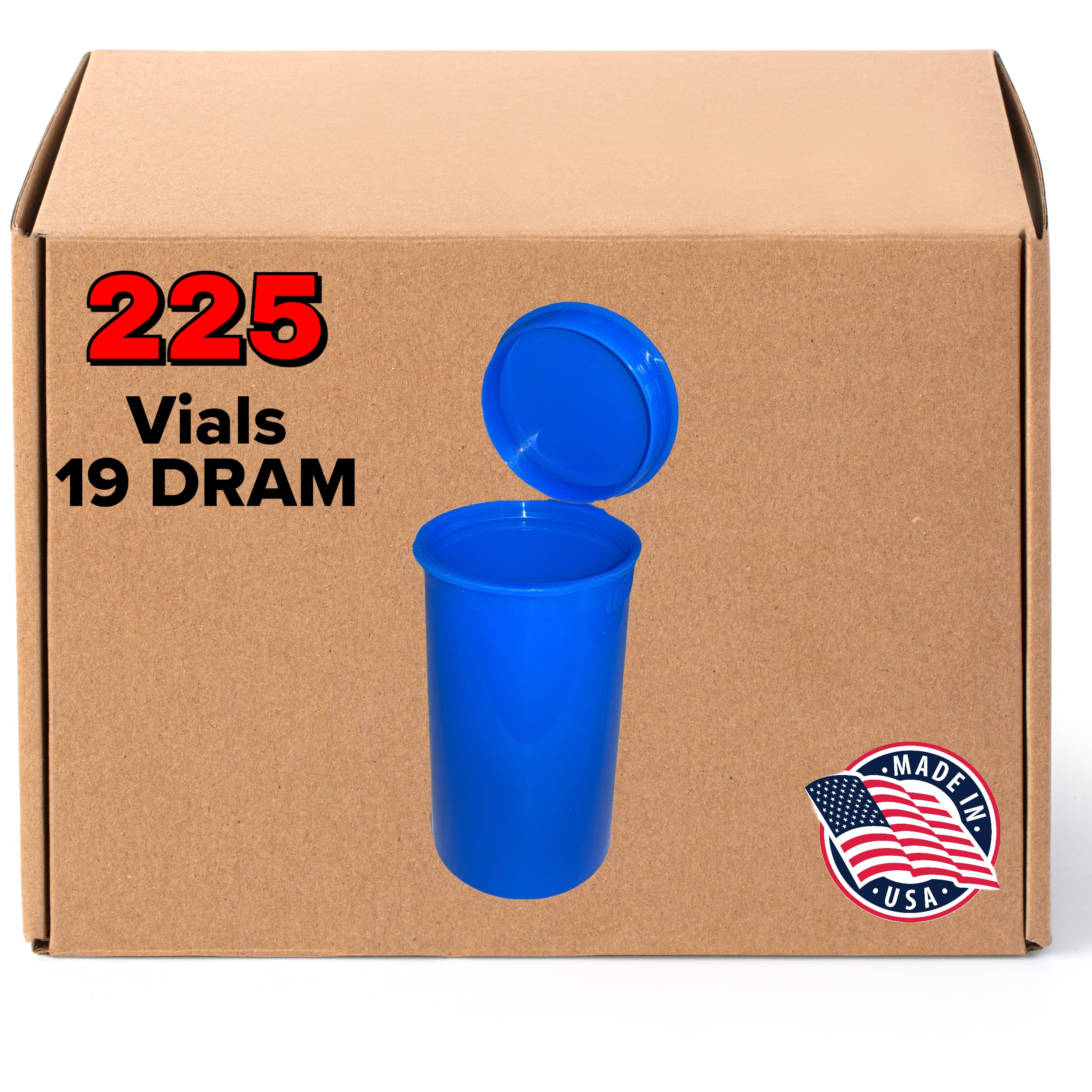 Evo Plastics| 225 Pack of Pop Top Containers DRAM 19 Bottles (Blue)(2.75In Deep X 1.5In Wide) - Child Resistant Container - Pill Vials - Rx Vial