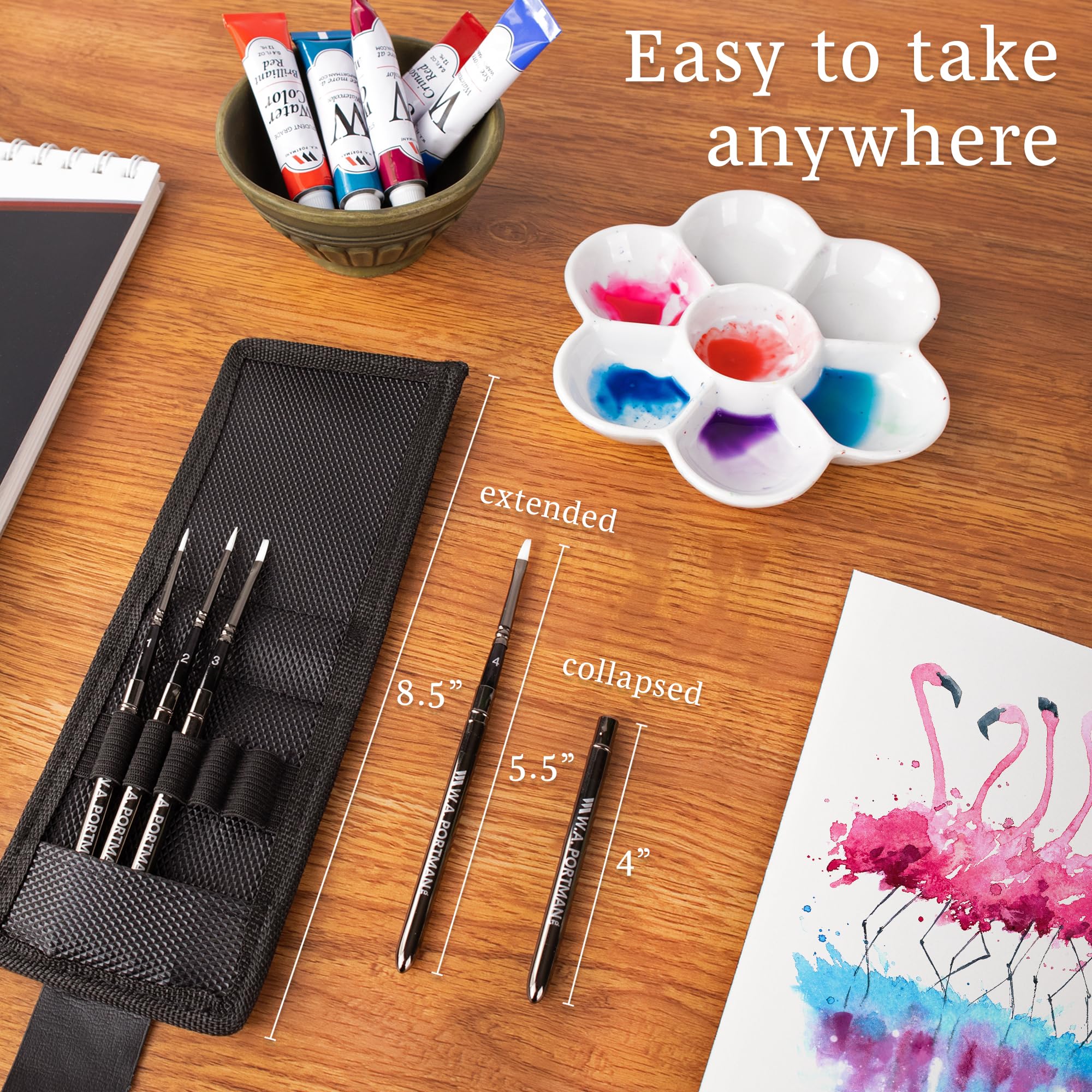 WA Portman 5-pc Small Travel Watercolor Brushes with Case - Collapsible Travel Paint Brush - Synthetic Pocket Watercolor Paint Brushes for Details and Blending