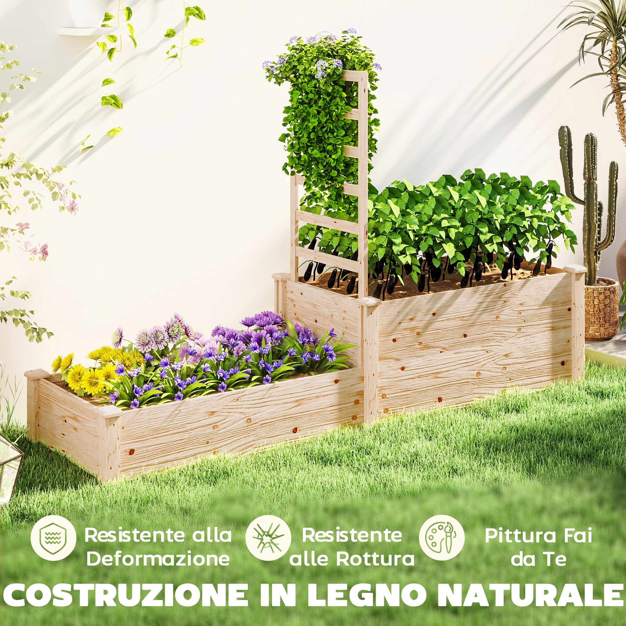 Outsunny Letto per Orto Rialzato da Esterno con Grigliato, Fondo Aperto e 2 Divisorio, Fioriera con Traliccio per Piante Rampicanti in Legno di Abete, per Balcone, 222x63x132 cm, Color Legno