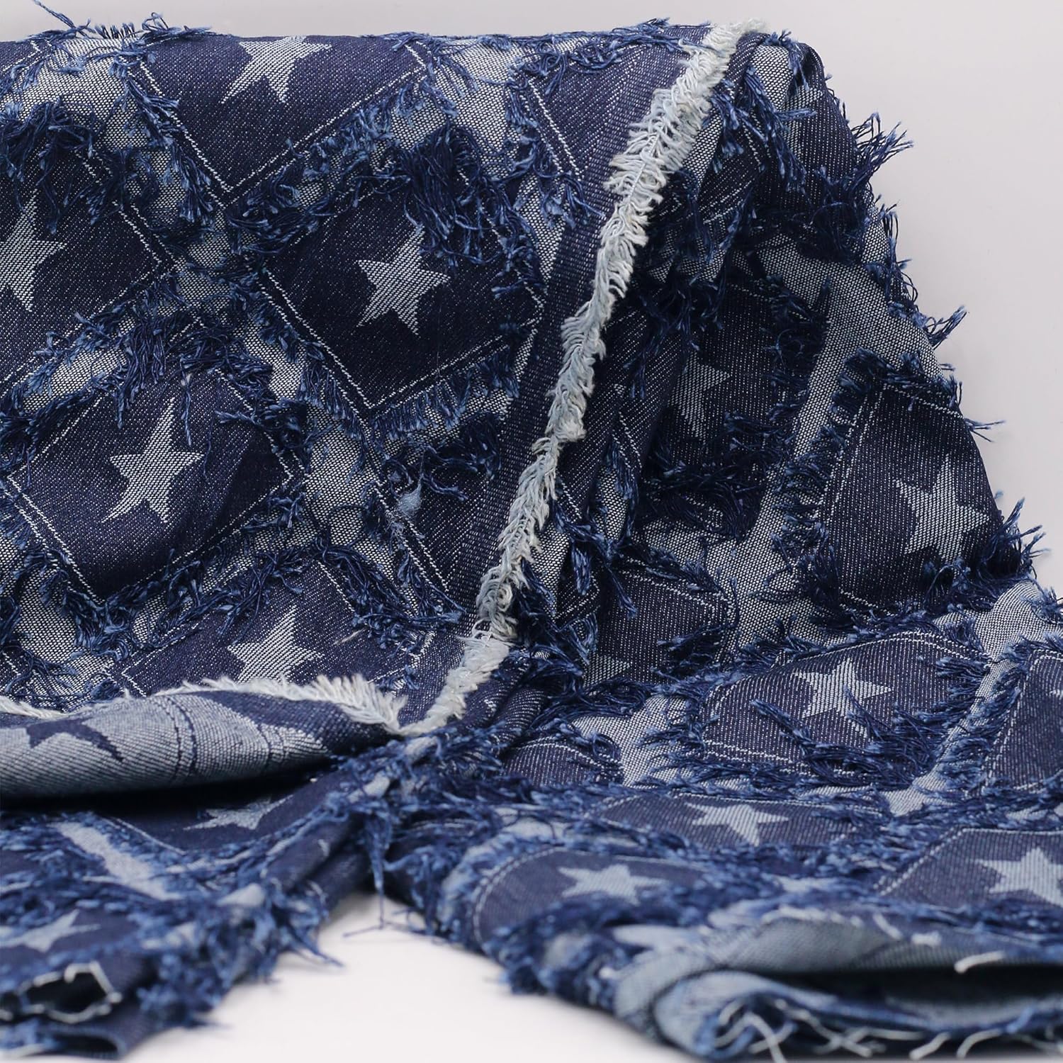 10 oz Star Pattern Denim Jacquard Fabric,Deep Blue,Non-Stretch,Water-Washed with Fringe Detail,170cm Width for Jeans,Jackets & DIY Sewing (3 Yard pre Cut)