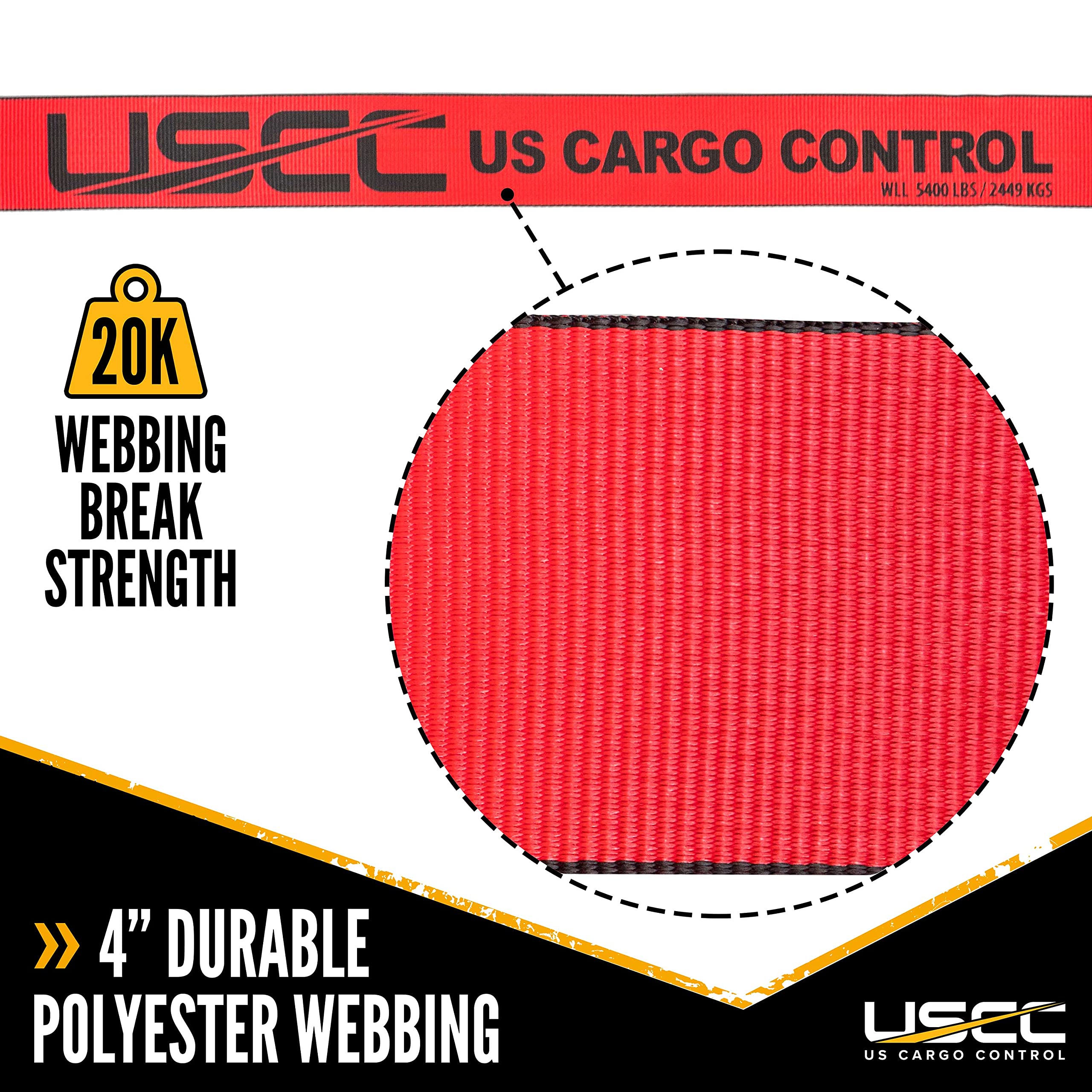US Cargo Control 4 Inch Winch Strap with Large Flat Hook, 27 Feet Long, Heavy Duty Trailer Winch Strap for Safe Cargo Securement, Large Flat Hook End Fitting for Easy Fastening, Red, 2-Pack