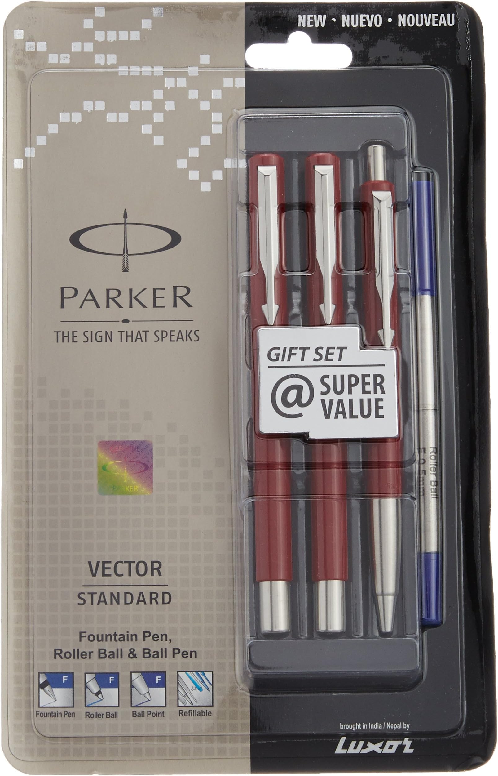 Parker Vector Standard Fountain Pen, Roller Ball Pen and Ball Pen (Red)