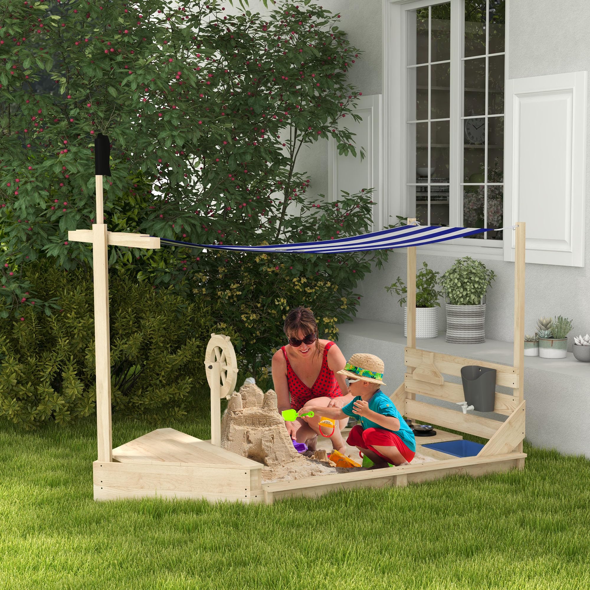 Outsunny Arenero para Niños de Madera Arenero Infantil con Toldo Volante Juguetes de Cocina y Forma de Barco Pirata para Patio Jardín 180x103x144,5 cm Natural