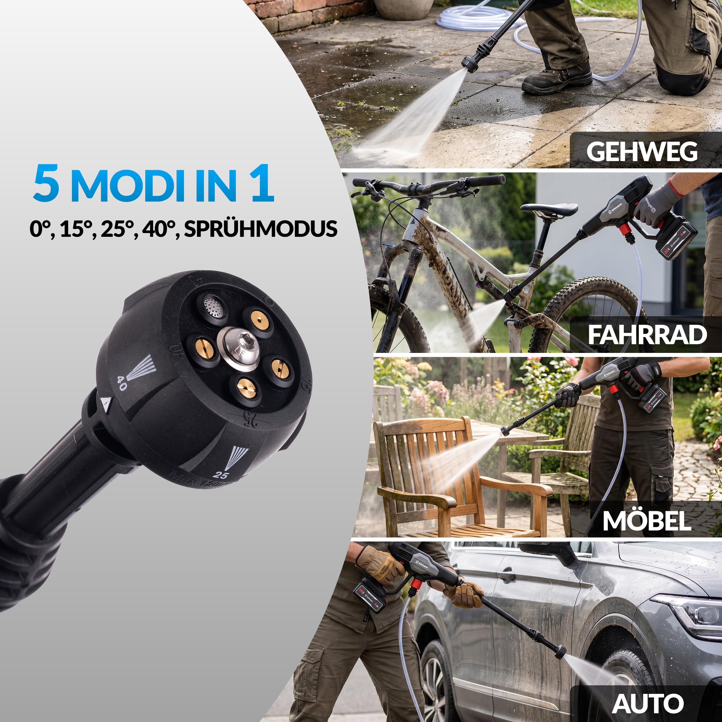 LEHMANN Stream Akku Hochdruckreiniger 20V Max mit 4Ah Akku – Kabelloser Druckreiniger mit 5-in-1 Düse, 6m Schlauch & Schaumsprüher für Auto, Fahrrad & Terrasse